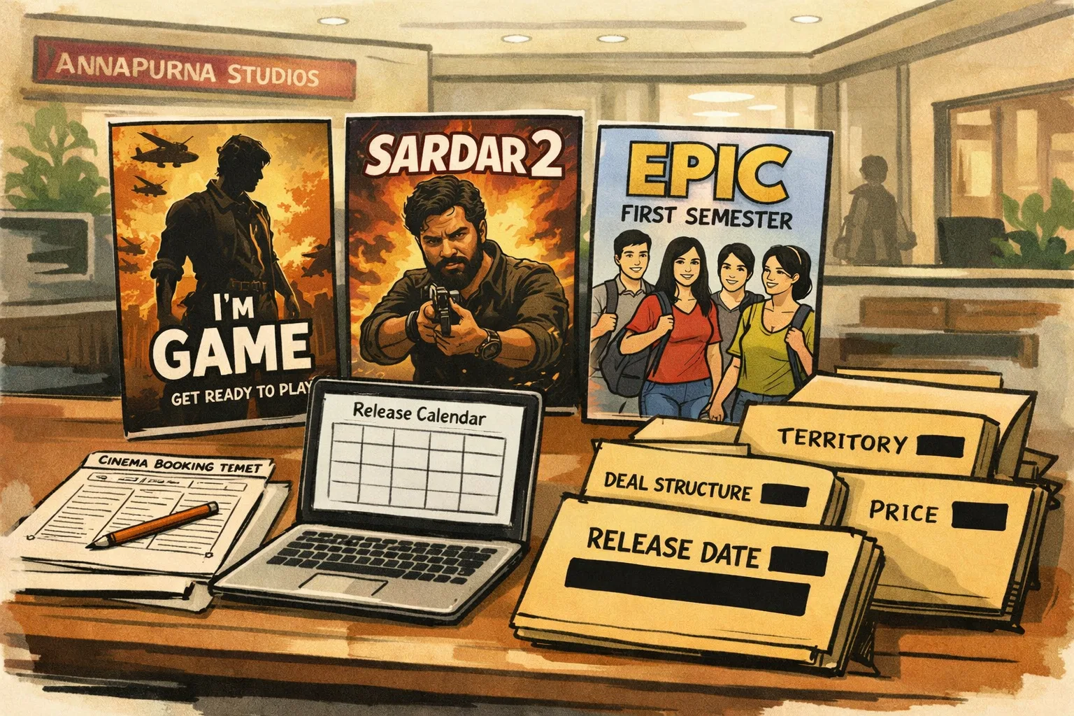 An Annapurna Studios distribution desk in Hyderabad displays posters for I’m Game, Sardar 2 and EPIC – First Semester beside closed document folders and a release calendar.