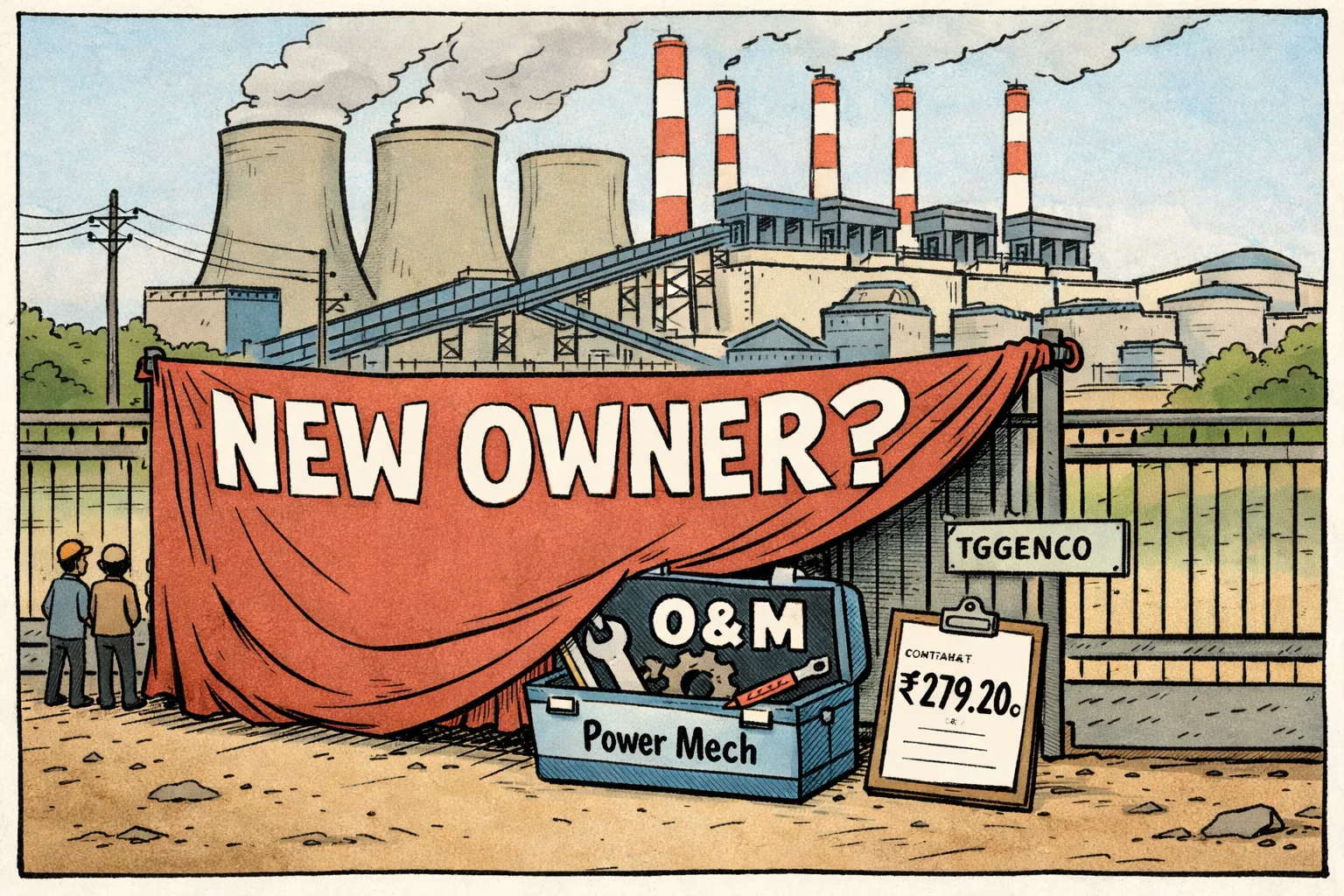A Telangana thermal power plant stands behind an oversized “NEW OWNER?” banner, which reveals a smaller O&M toolbox and a contract folder beside the gate.