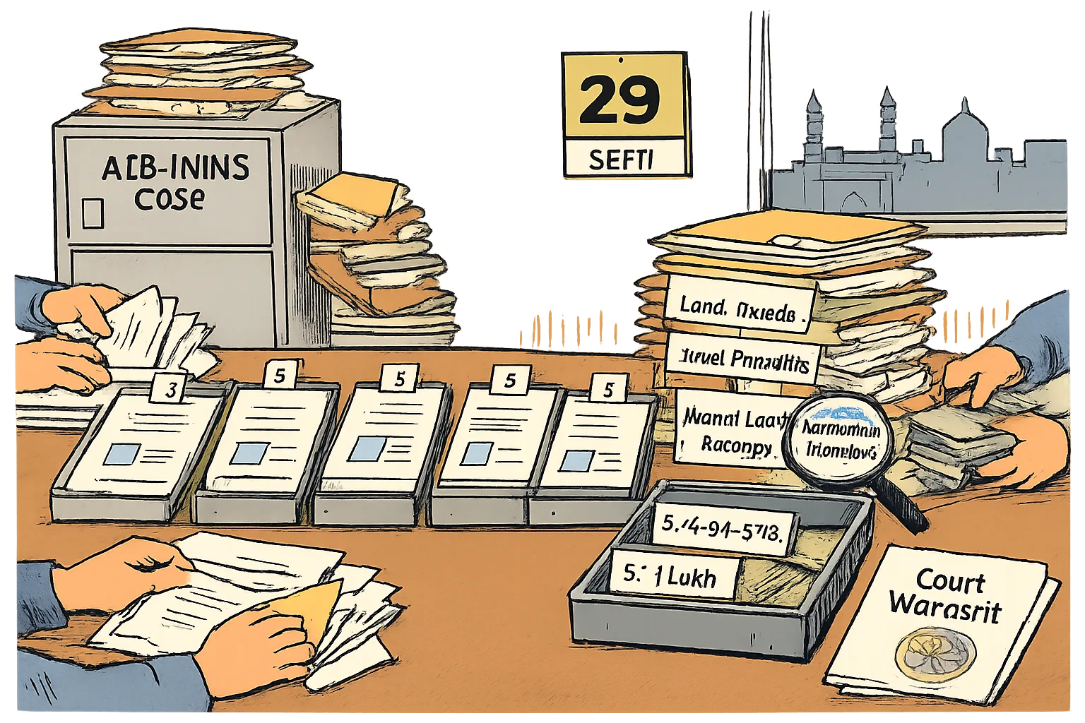 Five numbered case files, two conflicting cash labels and a pile of land and investment documents sit on a Hyderabad government-records table while anonymous hands sort the paperwork.