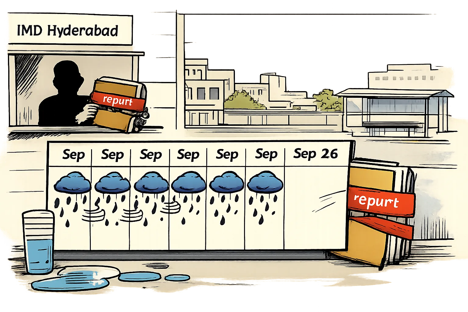 A cartoon outside an IMD Hyderabad office shows a calendar with rainy dates through September 26, while September 27 waits beside a red-tape-wrapped file labelled report.