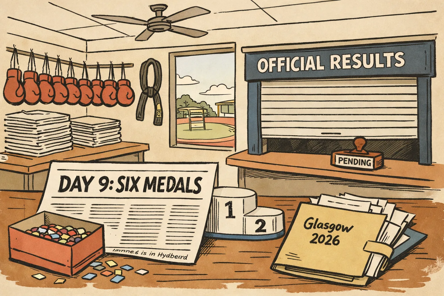 A Telangana sports-news desk shows a large newspaper report announcing medals and boxing finalists beside an empty official results board, while a clerk holds a tiny pending stamp and a trophy-shaped confetti box waits unopened.