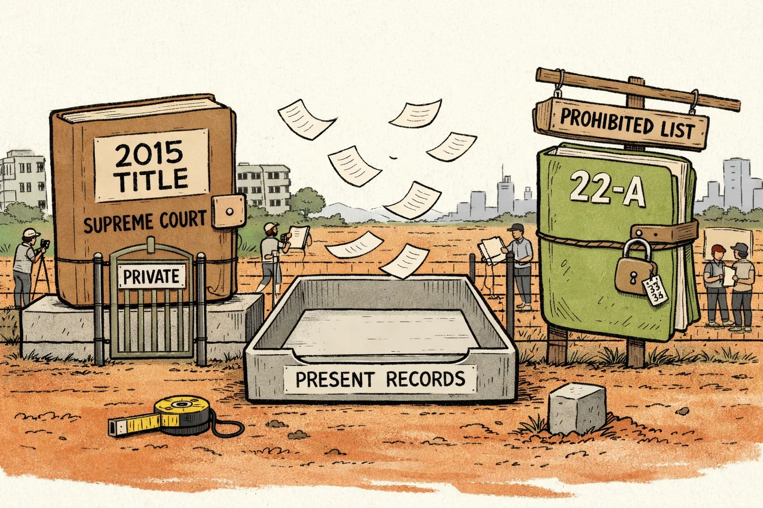 A fenced Nadergul land parcel is caught between a Supreme Court file marked “2015 TITLE” and a Revenue Department notice marked “22-A”, while an empty tray labelled “PRESENT RECORDS” sits in the foreground.