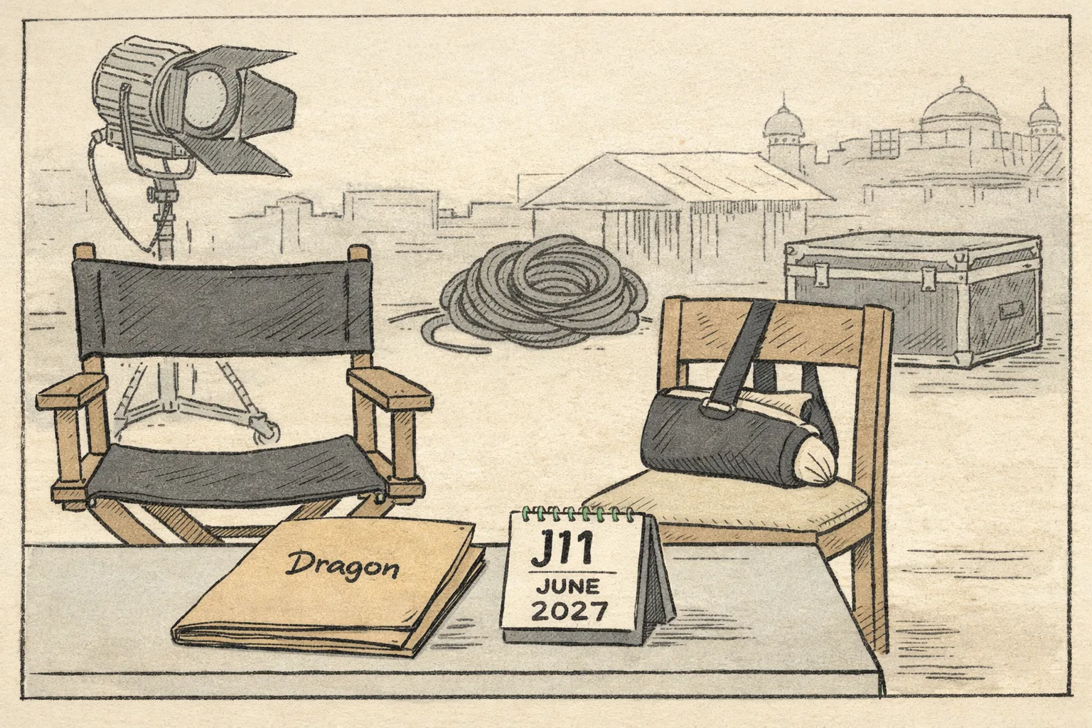 A quiet Hyderabad film-set rest area with an empty director’s chair, a sling resting on a chair arm, a closed production folder marked “Dragon,” and a calendar showing June 11, 2027.