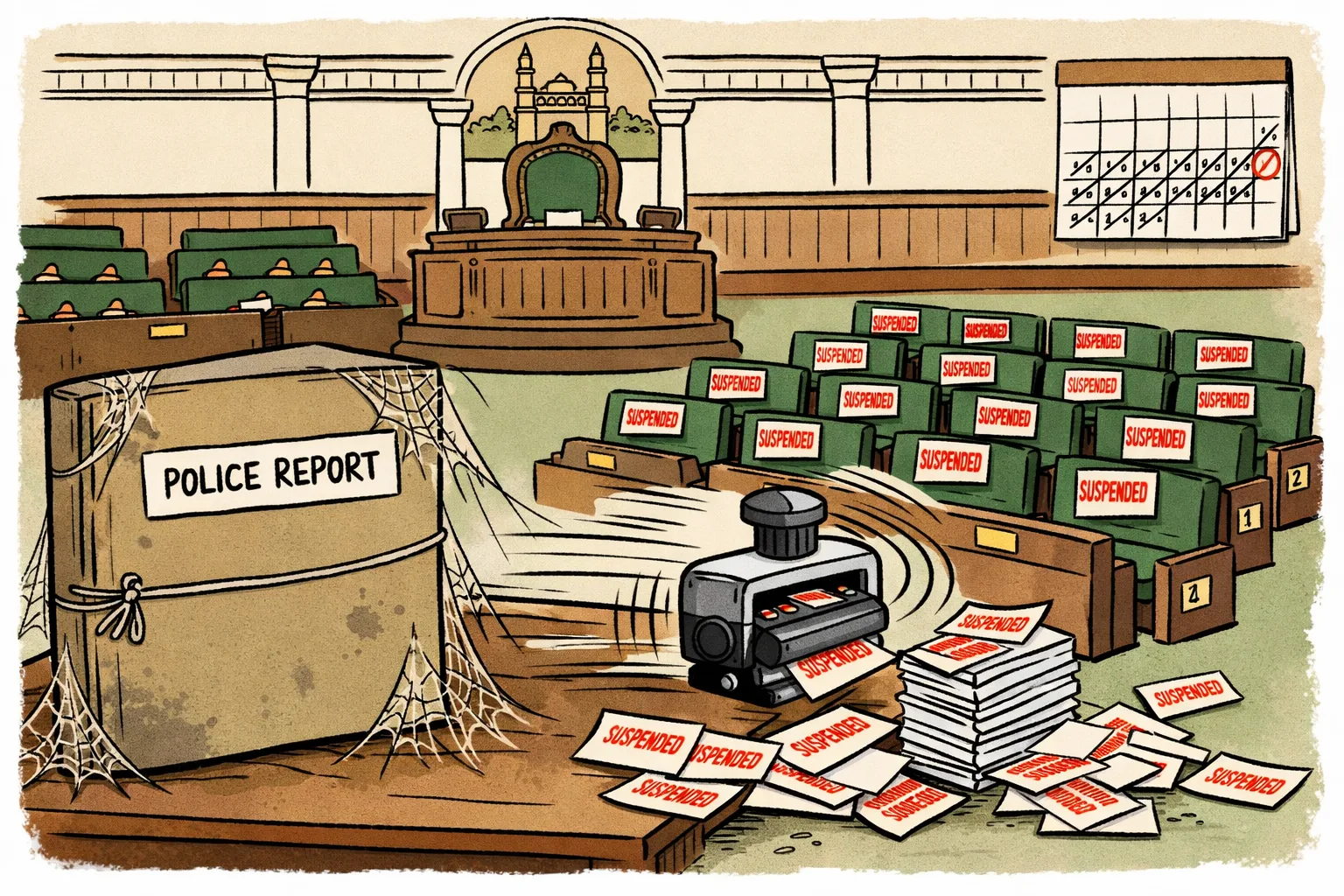 An empty Telangana Assembly chamber shows a sealed police report file gathering cobwebs while a rubber stamp covers 22 vacant opposition seats with suspension papers.