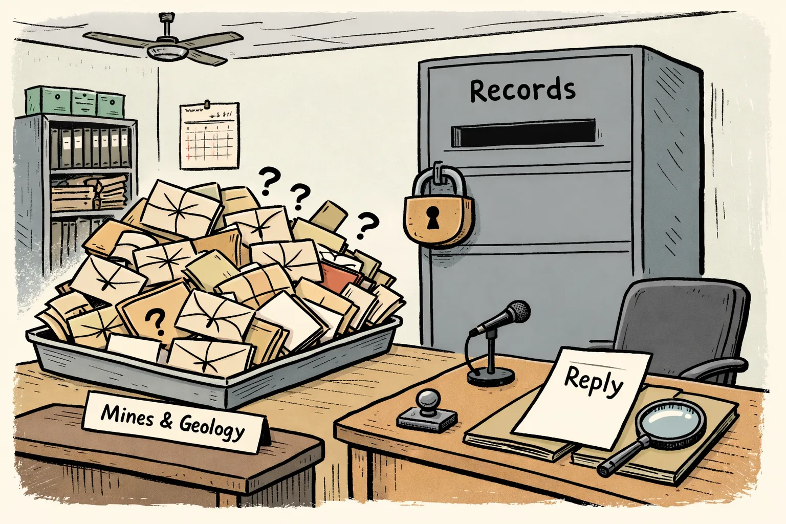 A Telangana government office records room shows complaint envelopes piled before a locked filing cabinet, an empty reply chair and blank files on a desk.