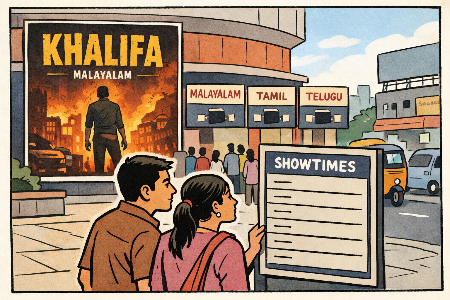 A Hyderabad multiplex forecourt displays a Khalifa film poster and multilingual show listings while filmgoers look at the theatre board.