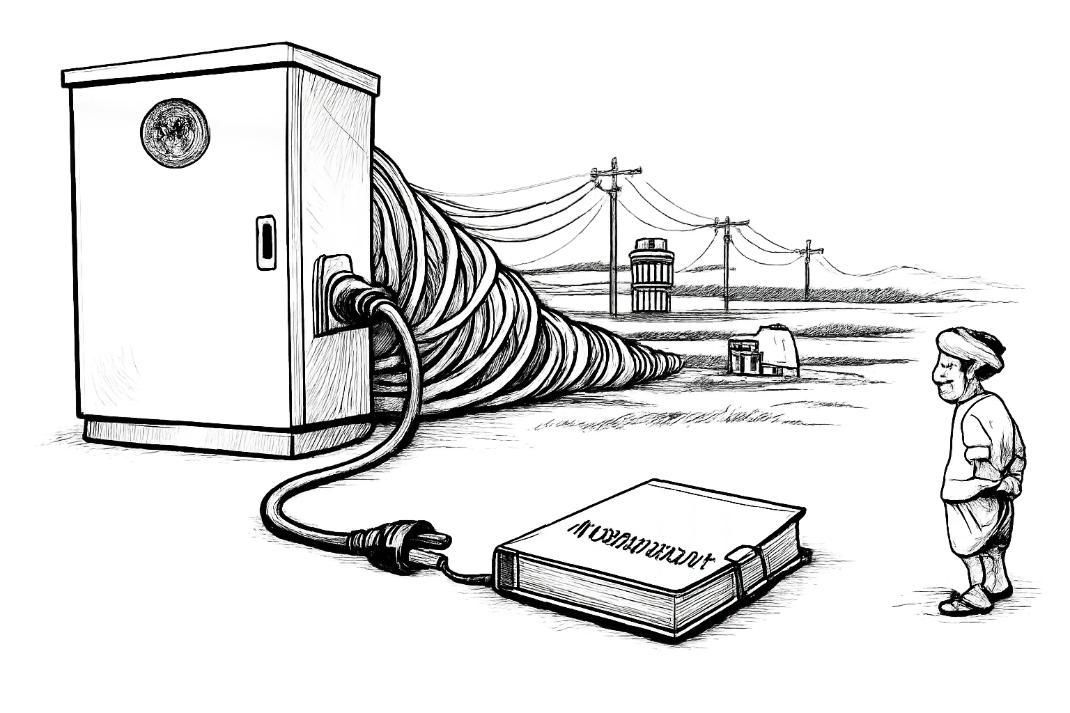 A giant new electrical distribution box connects a bundle of farm-power wires, while a folder marked ‘ACCOUNTABILITY’ lies unplugged beside it; a farmer looks on from a Telangana field.