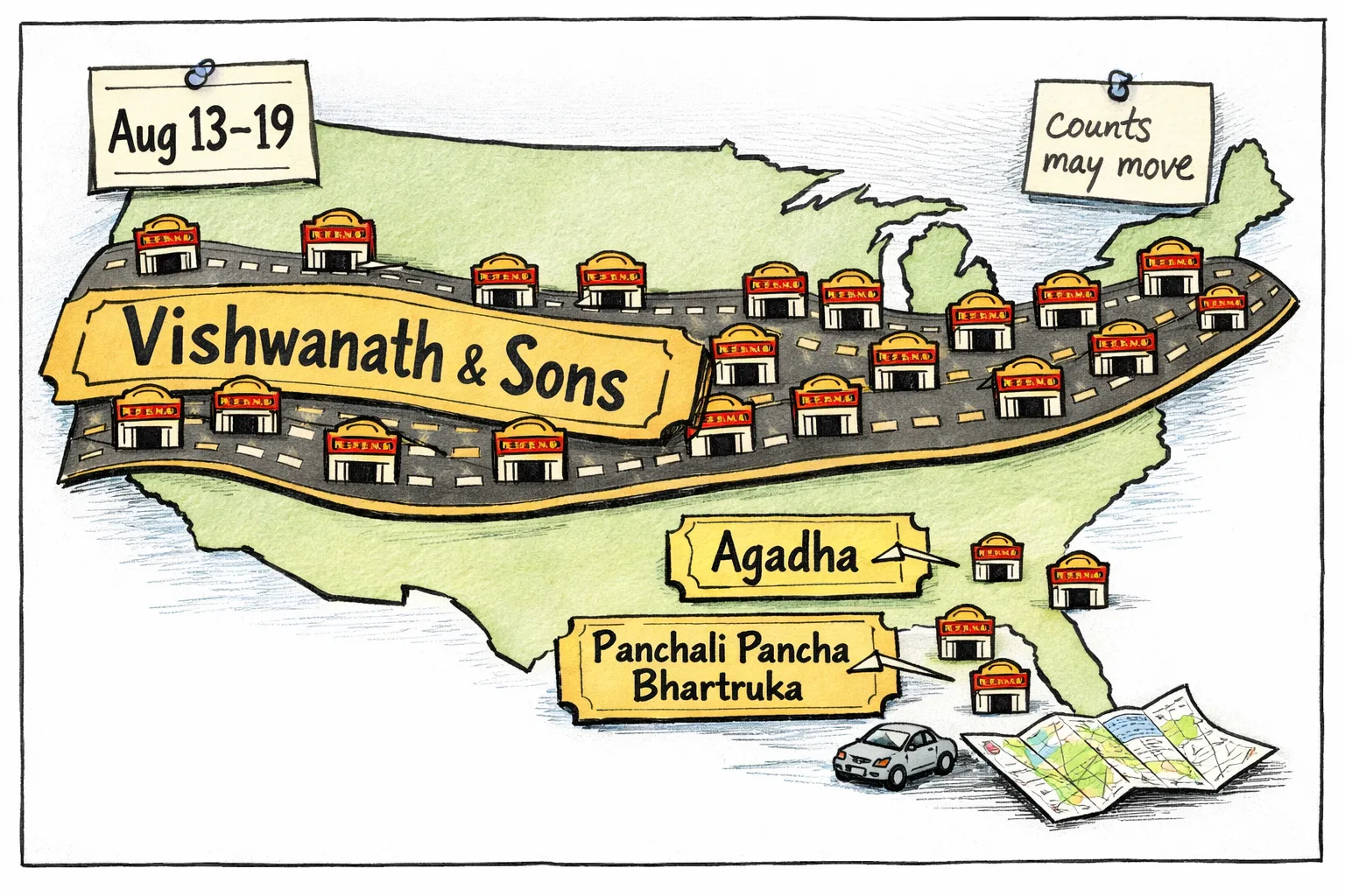 A wide Regal-style cinema marquee stretches across a map of the United States, with one Telugu film ticket leading to many theatre pins while two smaller tickets point to only a few distant pins; a calendar marked Aug 13–19 sits below.