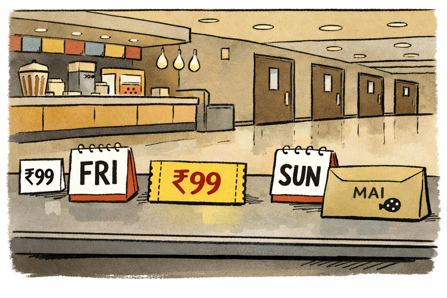 A cinema ticket counter in a Telangana multiplex shows two conflicting calendar cards, one marked Friday and another marked Sunday, beside a ₹99 ticket and a large unopened envelope labelled MAI announcement.