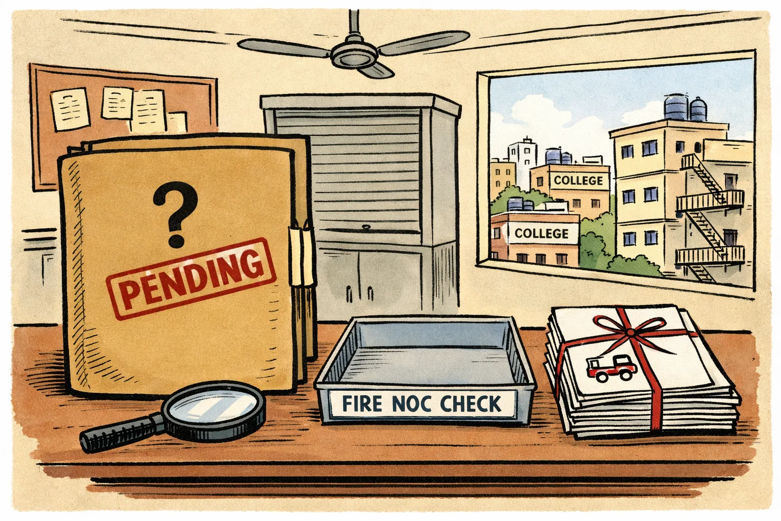 A Telangana education-office desk holds a huge sealed file marked with a question mark, while several junior-college buildings in Hyderabad stand behind a locked public-information window; loose fire-safety forms lie beside an empty document tray.