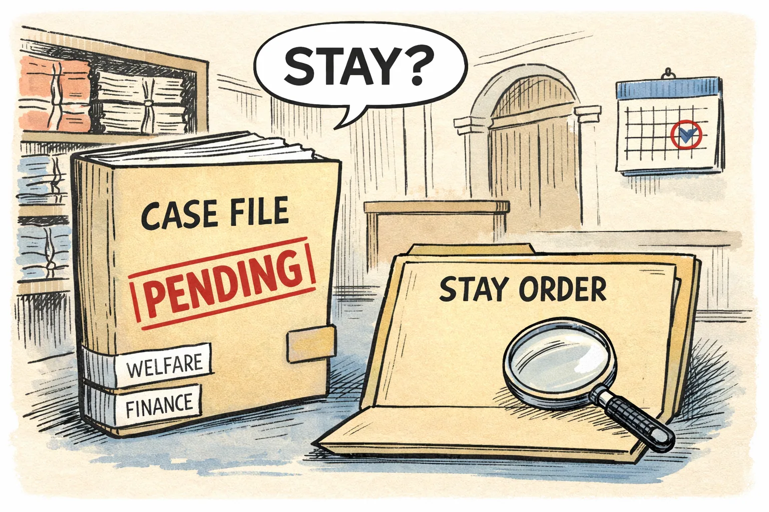 A Telangana High Court file marked “PENDING” sits beneath a magnifying glass, beside an empty folder labelled “STAY ORDER”; a Reddit-style headline bubble points toward the empty folder while welfare department files wait in the background.