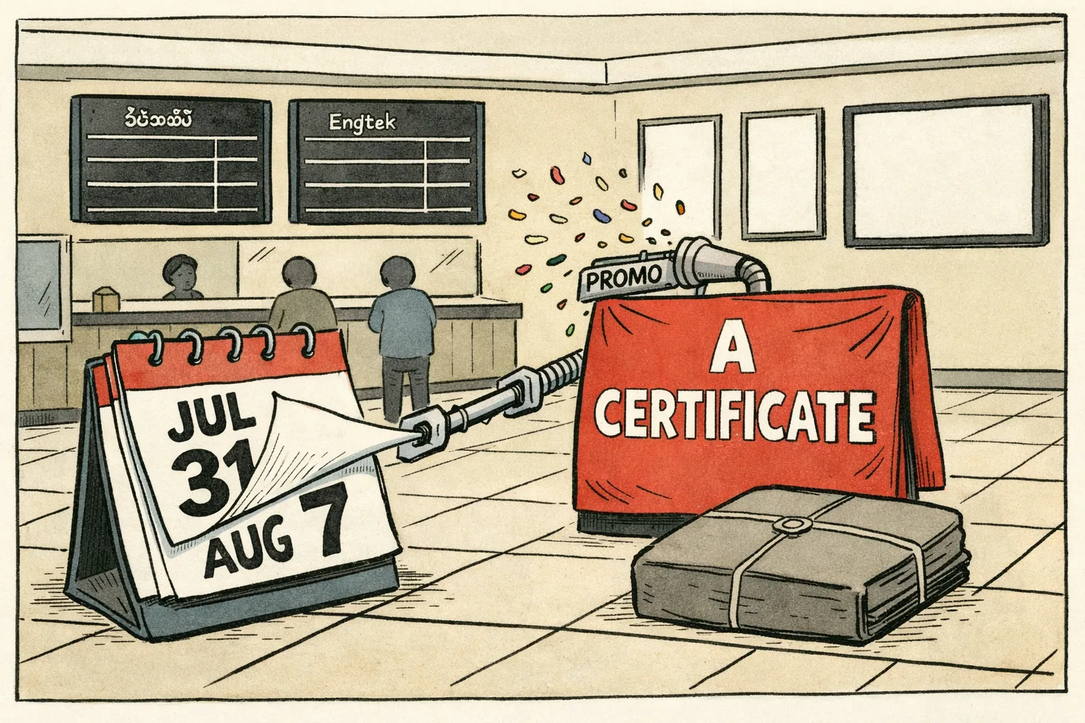 A cinema calendar marked July 31 is being shifted to August 7 while a large red promotional banner claims an ‘A’ certificate; a sealed CBFC file sits unopened beside empty theatre showtime boards in a Telangana cinema lobby.
