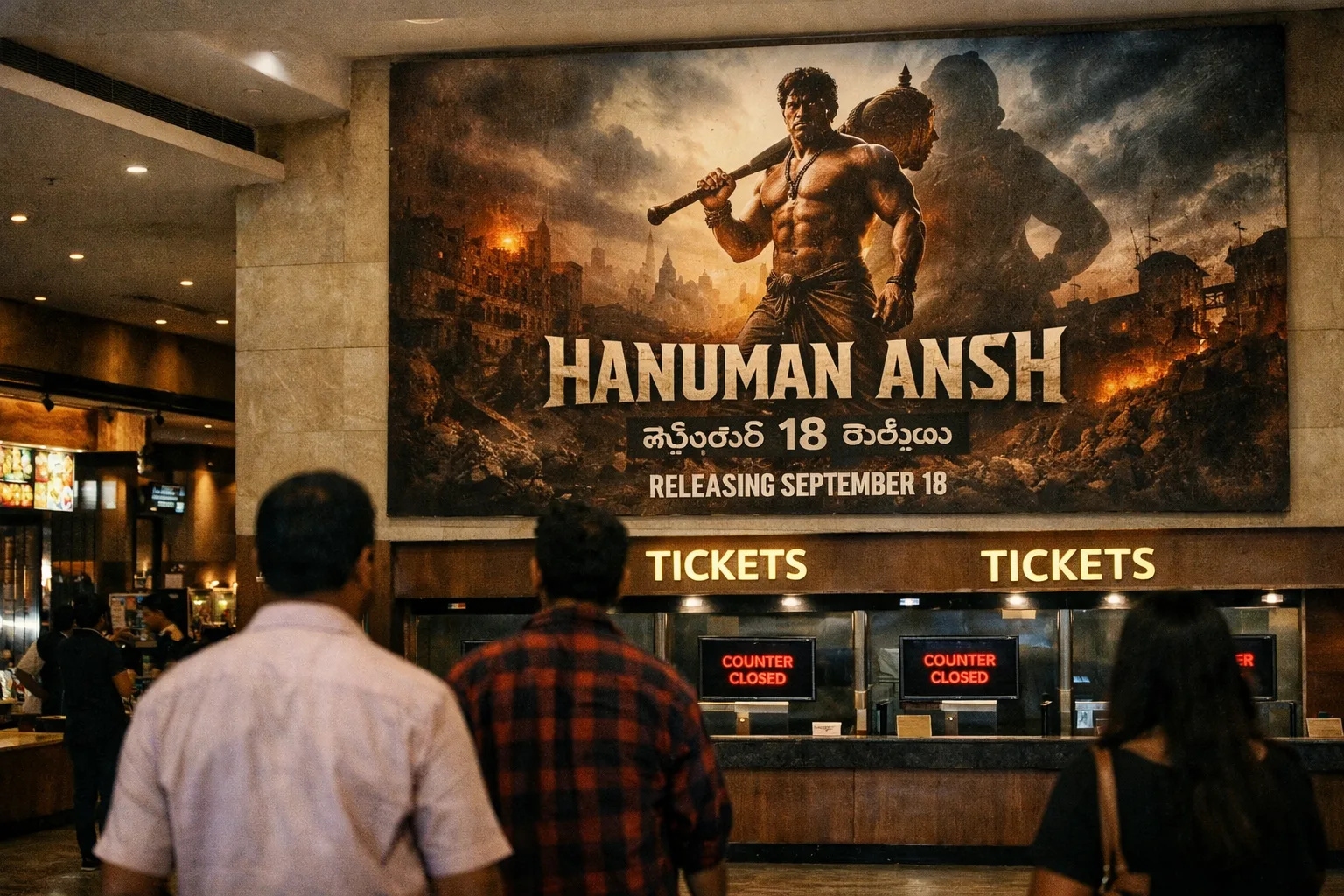 A Hyderabad cinema foyer displays a promotional poster for Hanuman Ansh beside an empty ticket counter, with a few indistinct moviegoers in the background.