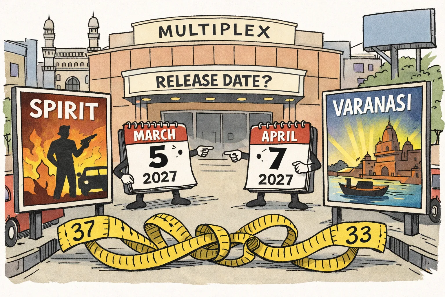 Outside a Hyderabad multiplex, two abstract film posters labelled Spirit and Varanasi face a theatre while a giant calendar and tangled measuring tape compare 37 days with 33.