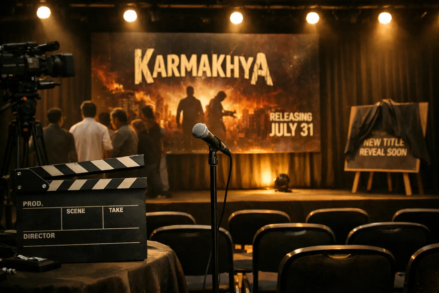 A photorealistic cinema-promotion scene with a Telugu film poster reading “Karmakhya”, a clapperboard, trailer-launch stage lights, and a July 31 release placard, with filmmakers and actors shown only as indistinct figures.