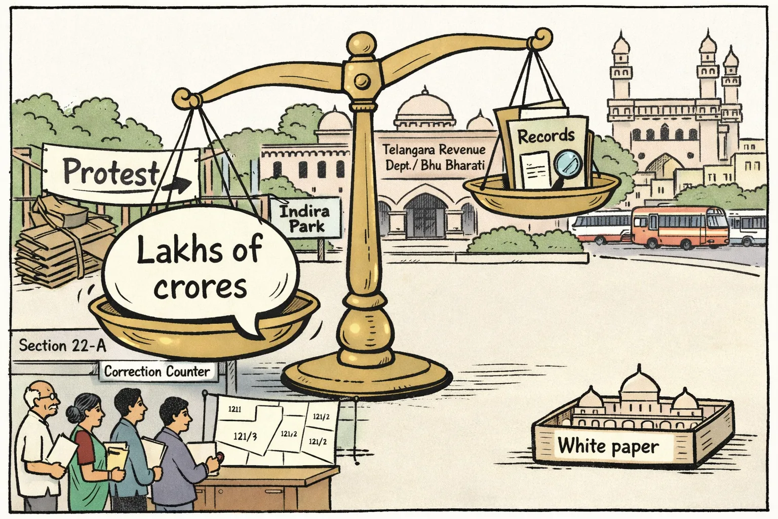 A giant scale outside a Telangana land-record office weighs a large claim labelled “Lakhs of crores” against a small evidence file labelled “Records”; landholders wait at a Section 22-A correction counter in the background.