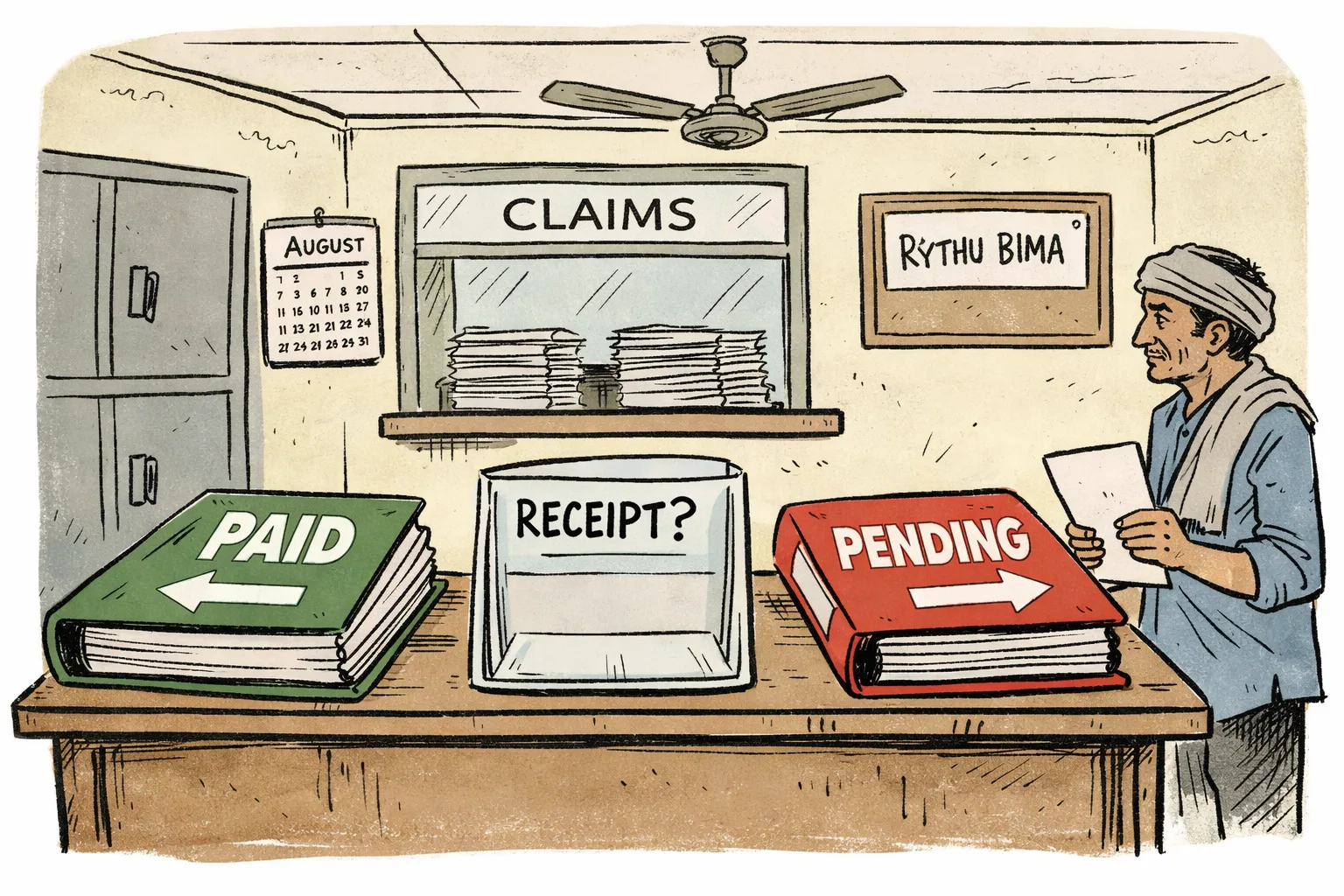 A Telangana Agriculture Department desk is buried under conflicting Rythu Bima payment files, while an empty receipt slot and a locked LIC claims window sit behind it; a worried farmer waits nearby holding a blank claim form.