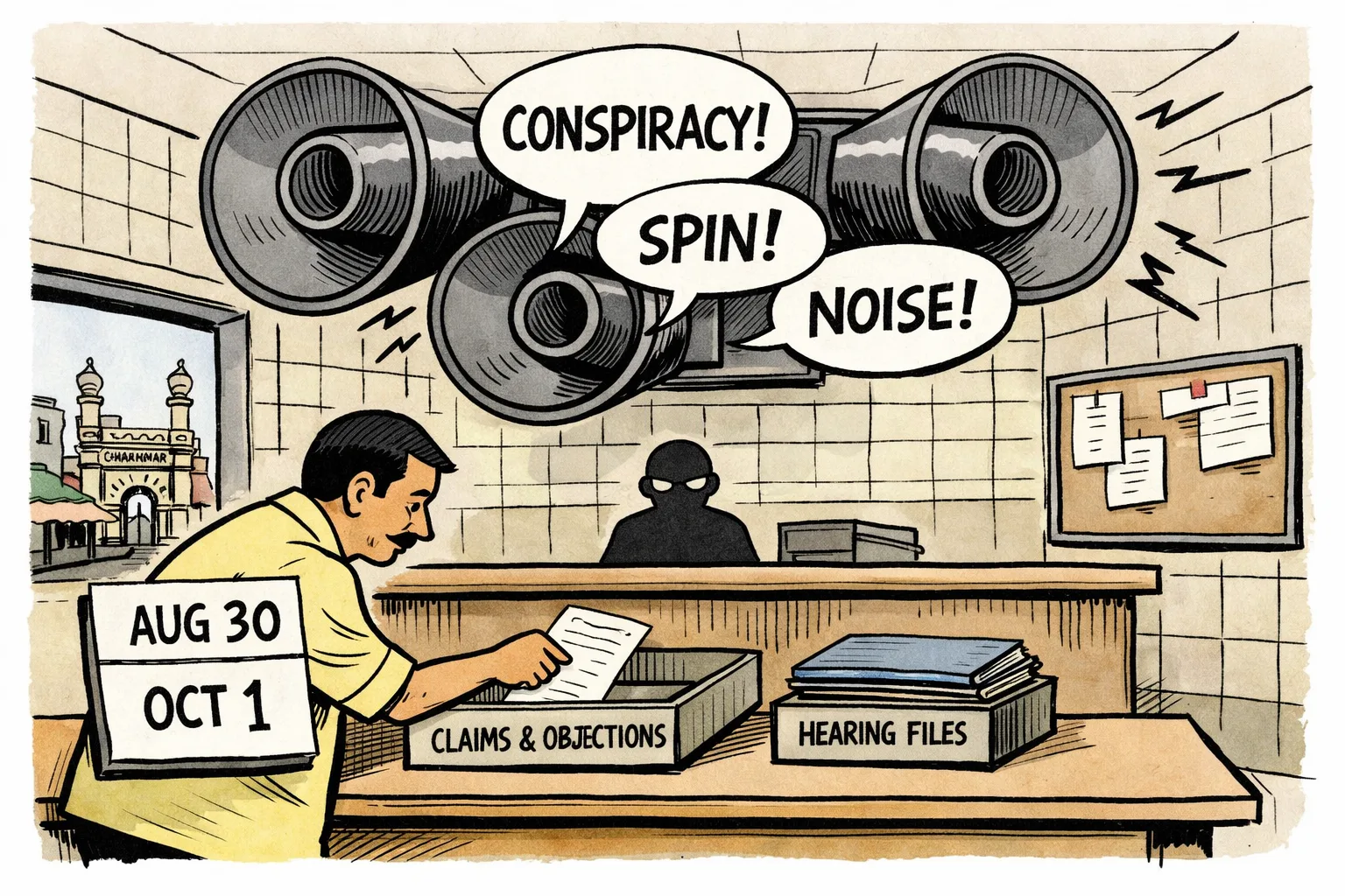A Telangana voter stands at a claims-and-objections counter beneath a calendar showing August 30 and October 1, while oversized loudspeakers labelled with competing political allegations drown out a neatly stacked pile of electoral forms.