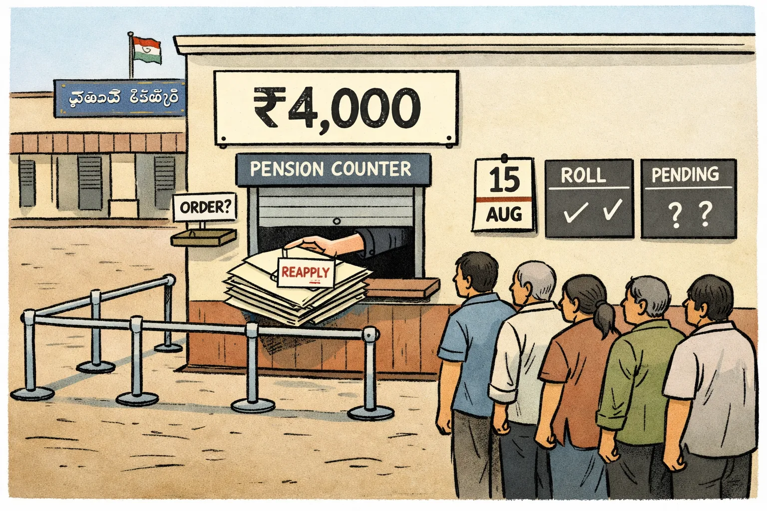 A long queue of anonymous elderly applicants stands outside a Telangana government counter marked with a small pension file sign. A large ₹4,000 promise board hangs above the counter, while a clerk’s hand pushes a stack of new application forms back toward the queue. Behind the counter, a wall calendar shows August 15 and two conflicting tally boards display different beneficiary counts.