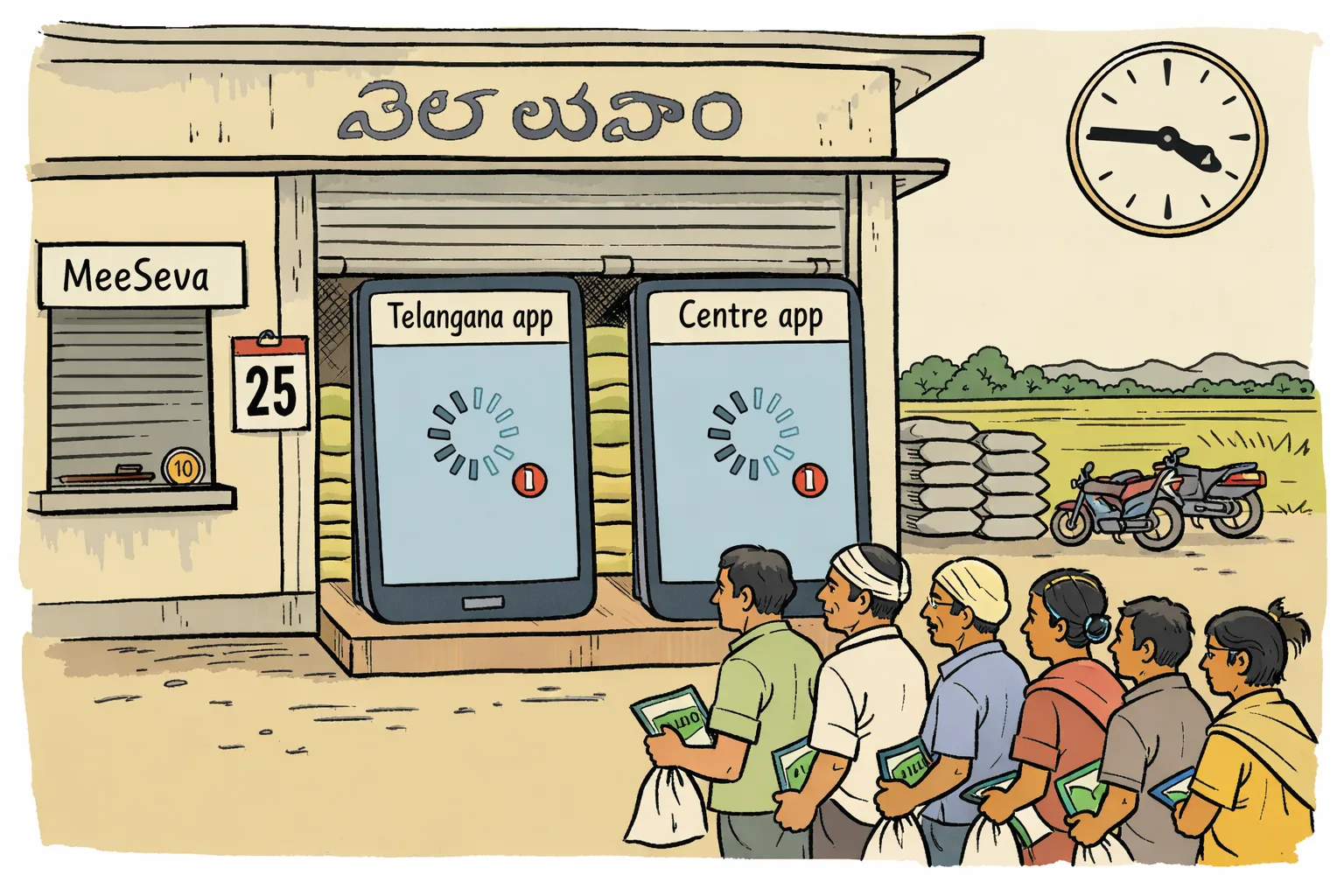 Farmers holding passbooks and empty fertiliser bags wait outside a Telangana fertiliser shop while two large smartphone screens show loading errors and a closed MeeSeva window sits nearby.