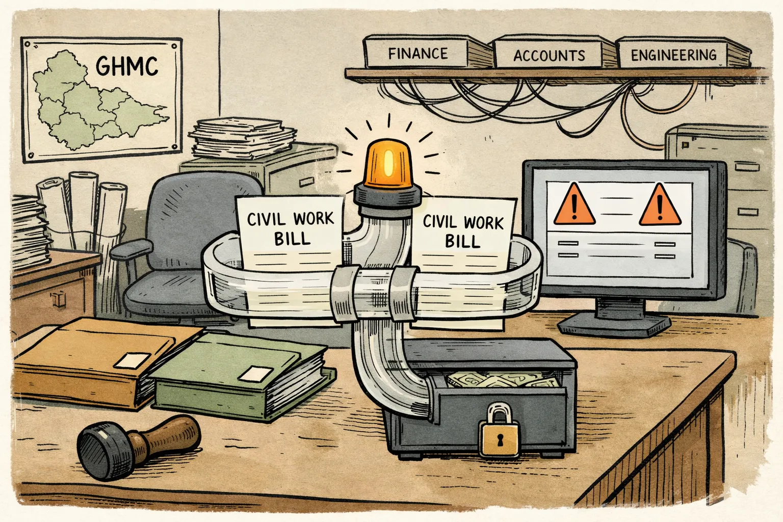 A GHMC finance desk shows two identical civil-work bills feeding into one payment pipe, while a software screen displays matching work IDs and an engineer’s helmet rests beside the files.