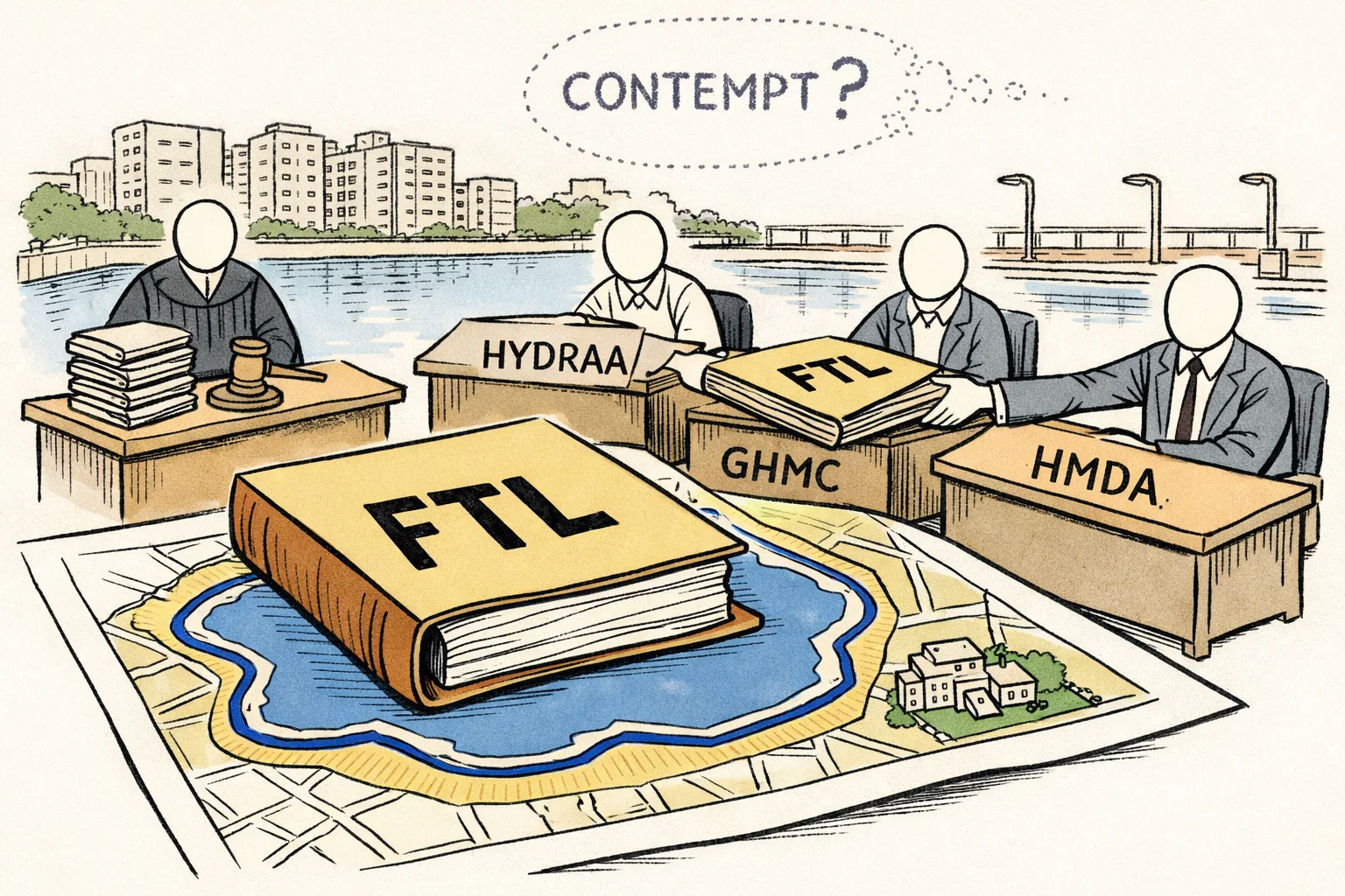 A Telangana government file marked with a lake outline sits between a courthouse gavel and a cluster of Hyderabad agency desks, while a narrow strip of water is hemmed in by survey lines and paperwork.