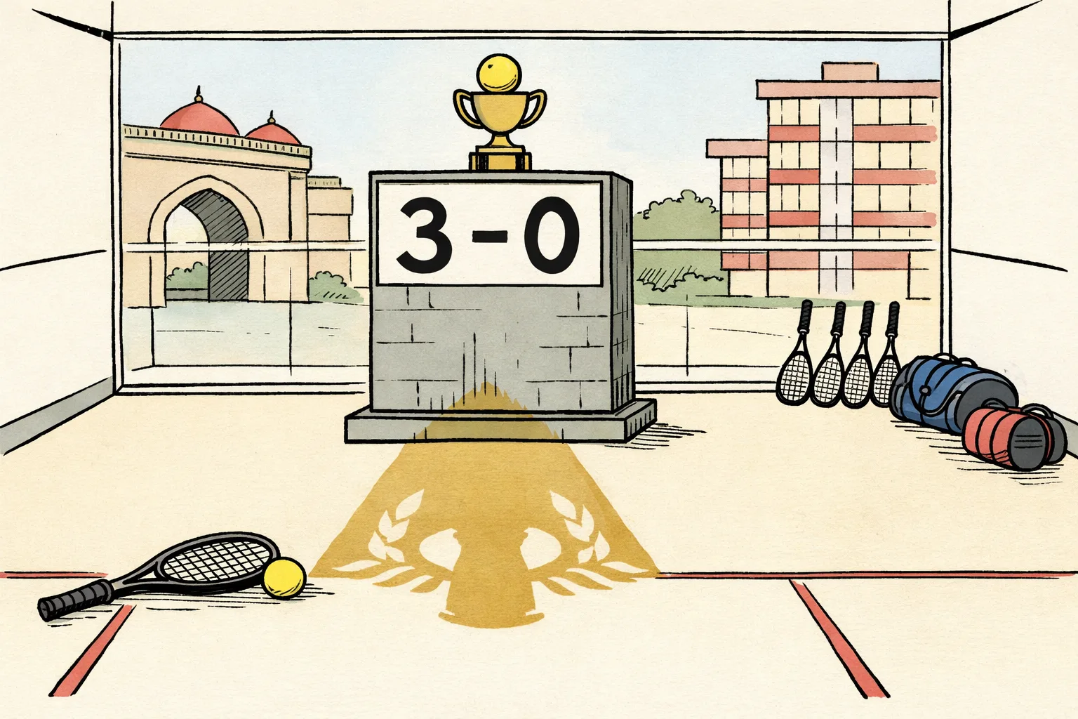 A squash court in Telangana with a large scoreboard showing three straight games, while a small golden trophy casts a long shadow over rows of ordinary junior rackets.