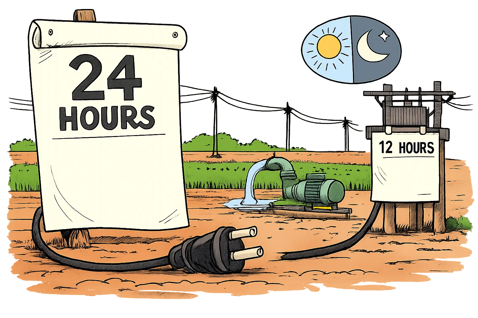 A Telangana farm pump stands beside a transformer while a giant paper marked 24 HOURS hangs next to a shorter timetable marked 12 HOURS, with a large plug stopping halfway between them.