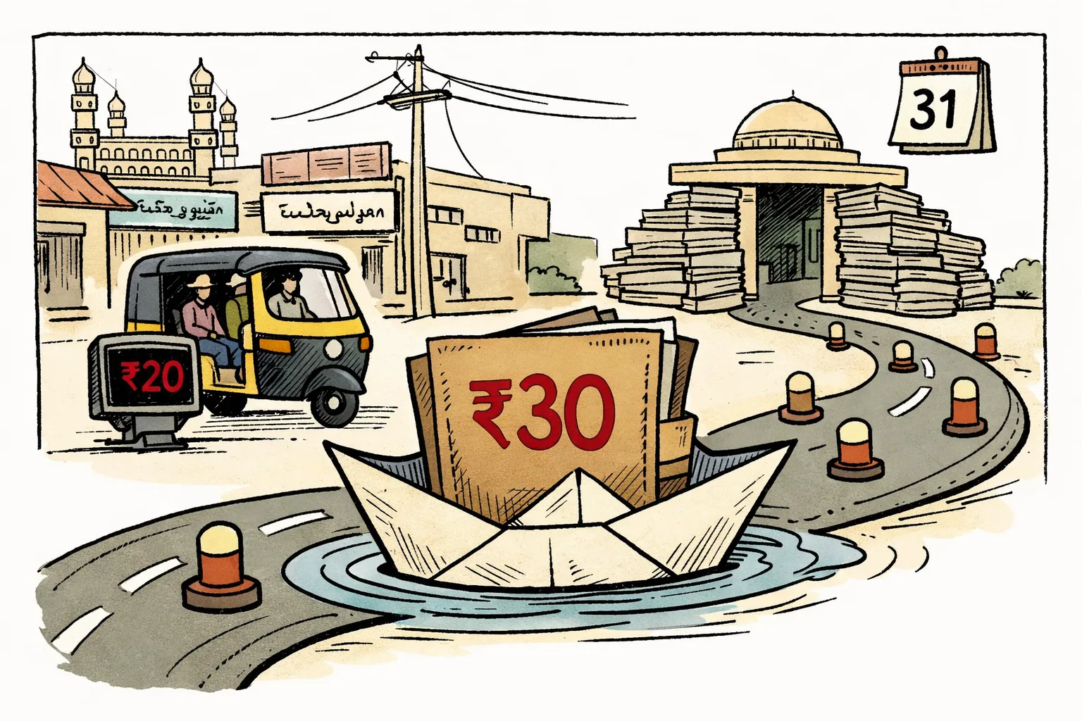 A Hyderabad autorickshaw with a meter showing ₹20 waits beside a winding paper road carrying a ₹30 government file toward a distant office.