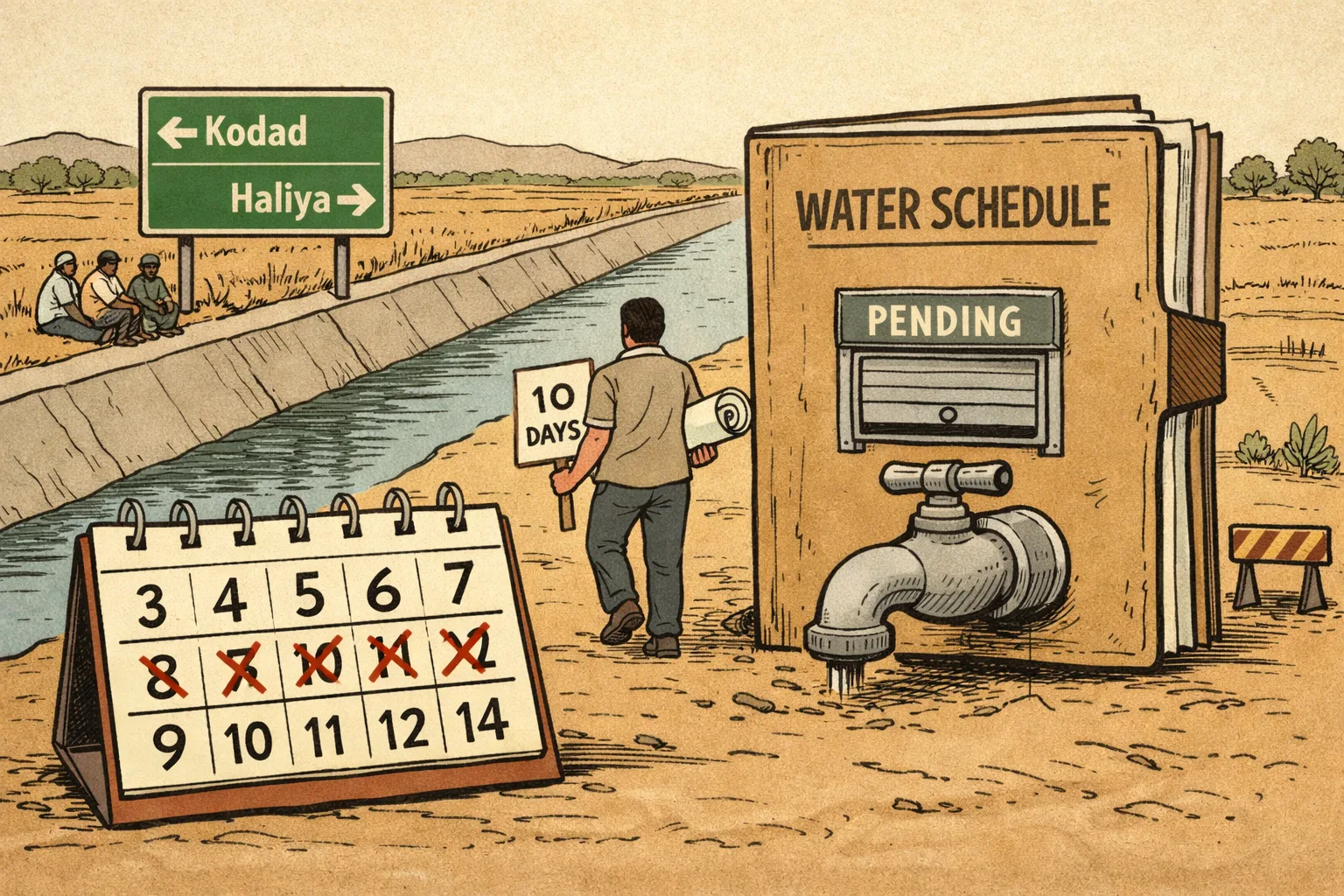A canal-side desk calendar counts down to September 14 beside a sealed water-schedule file and dry tap, while an unidentifiable organiser walks toward a Kodad–Haliya route map and farmers wait by the canal.