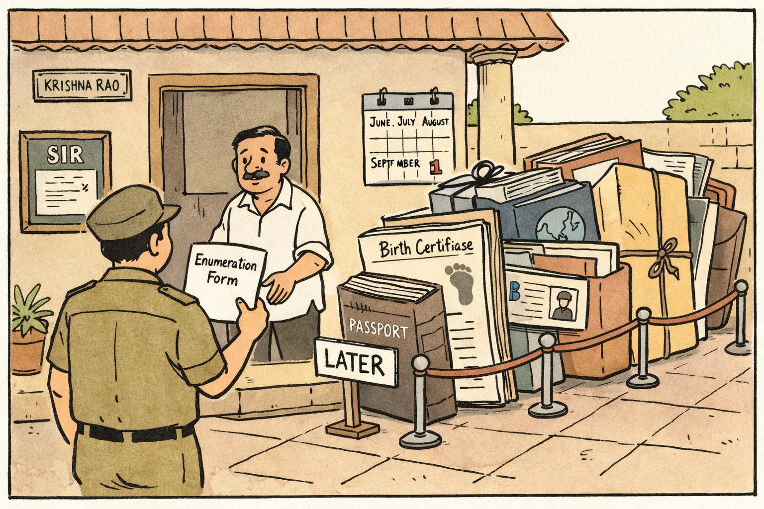 At a Telangana home, an official offers a single enumeration form while an oversized queue of files and certificates waits behind a barrier labelled “LATER”.