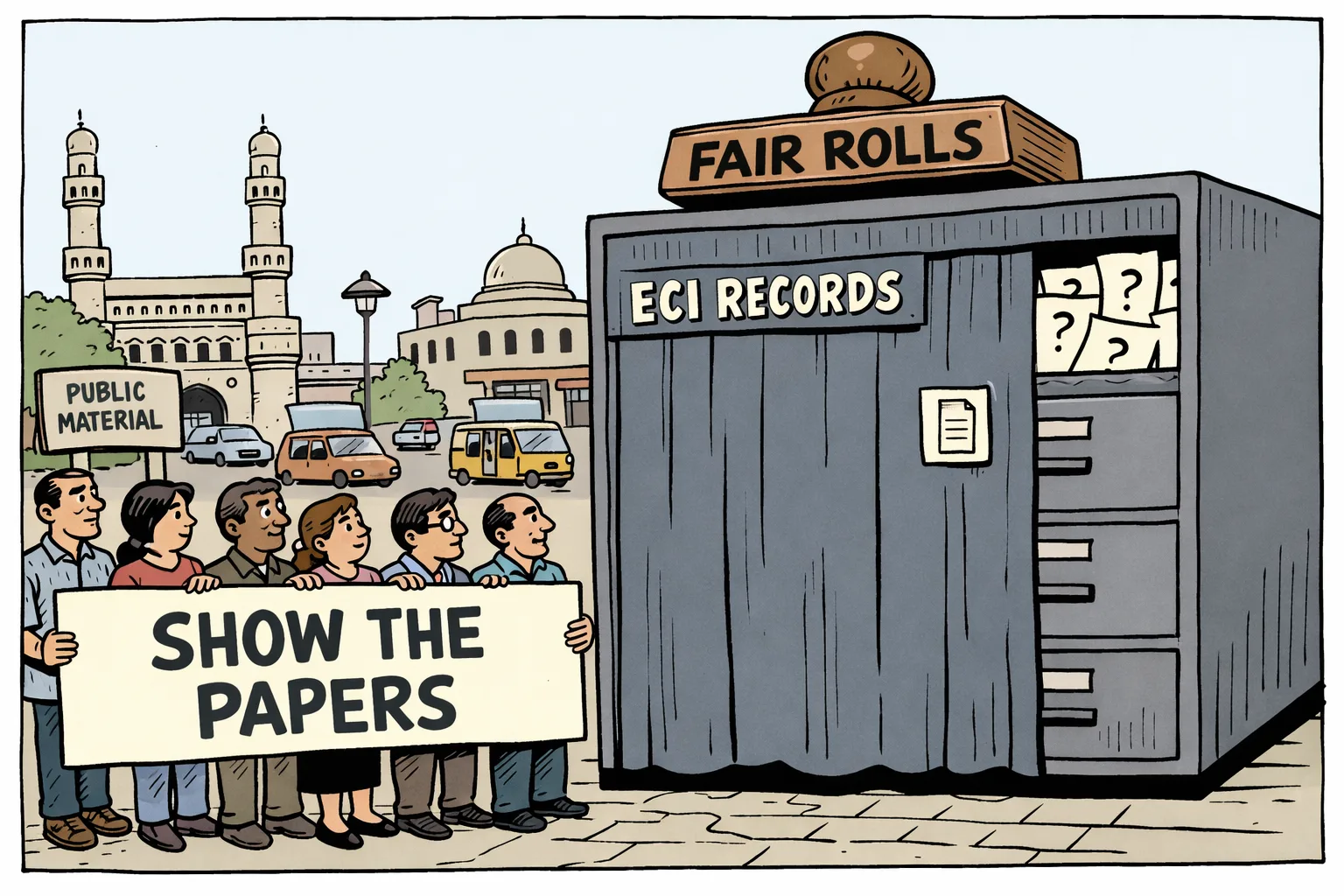 Protesters outside a locked oversized filing cabinet labelled ECI Records, with a Fair Rolls stamp on top and blank question-marked papers visible through a gap.