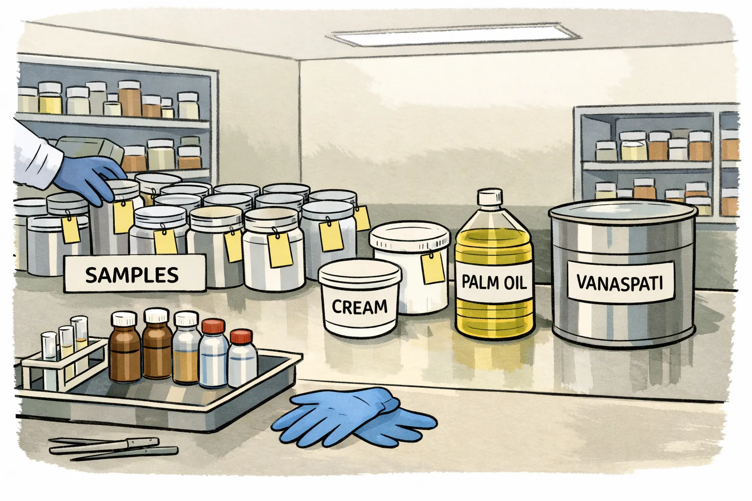 Sealed food samples and containers of ghee and raw materials sit on a laboratory worktable beside testing equipment in a Hyderabad food-safety facility.