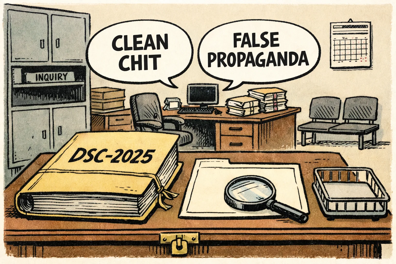 A huge file marked "DSC-2025" sits on a locked evidence table in an Andhra Pradesh government office, while speech bubbles labelled "clean chit" and "false propaganda" float above it without any document underneath; a row of empty chairs and a closed records cupboard fill the background.