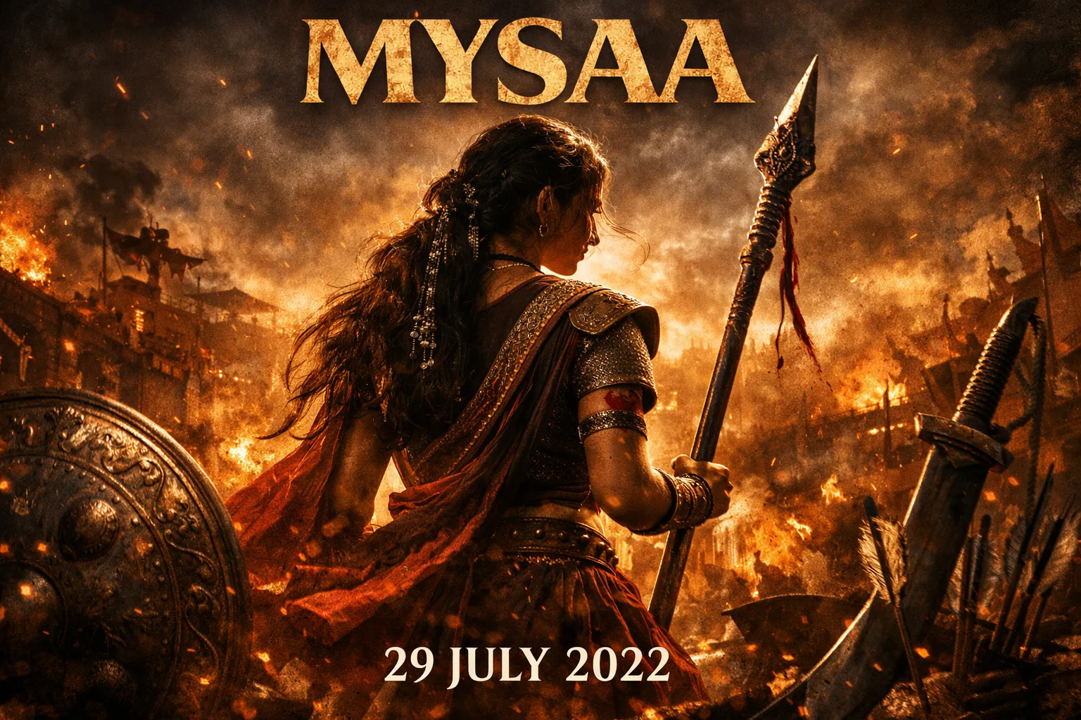 Promotional artwork for Mysaa showing a female warrior figure holding a spear in a fiery battle-like setting.