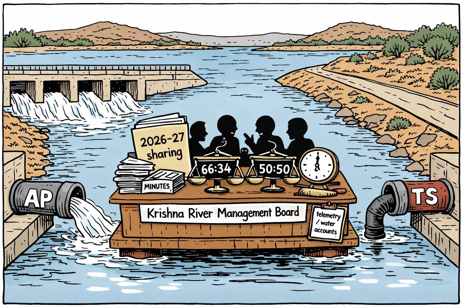 A cartoon of water flowing through a Krishna reservoir regulator while two labelled pipes marked AP and TS face a raft-like board piled with an unresolved sharing file and competing 66:34 and 50:50 scales.