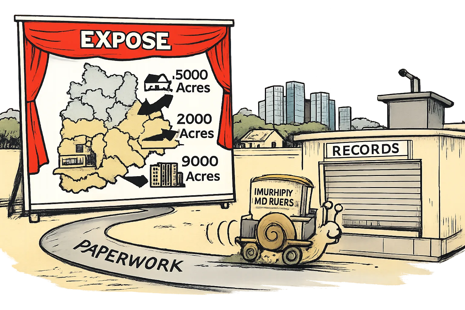A giant Telangana property exposé board stands beside a tiny survey-record file crawling on a snail-shaped trolley toward a government records counter, with Hyderabad buildings and a farmhouse in the background.