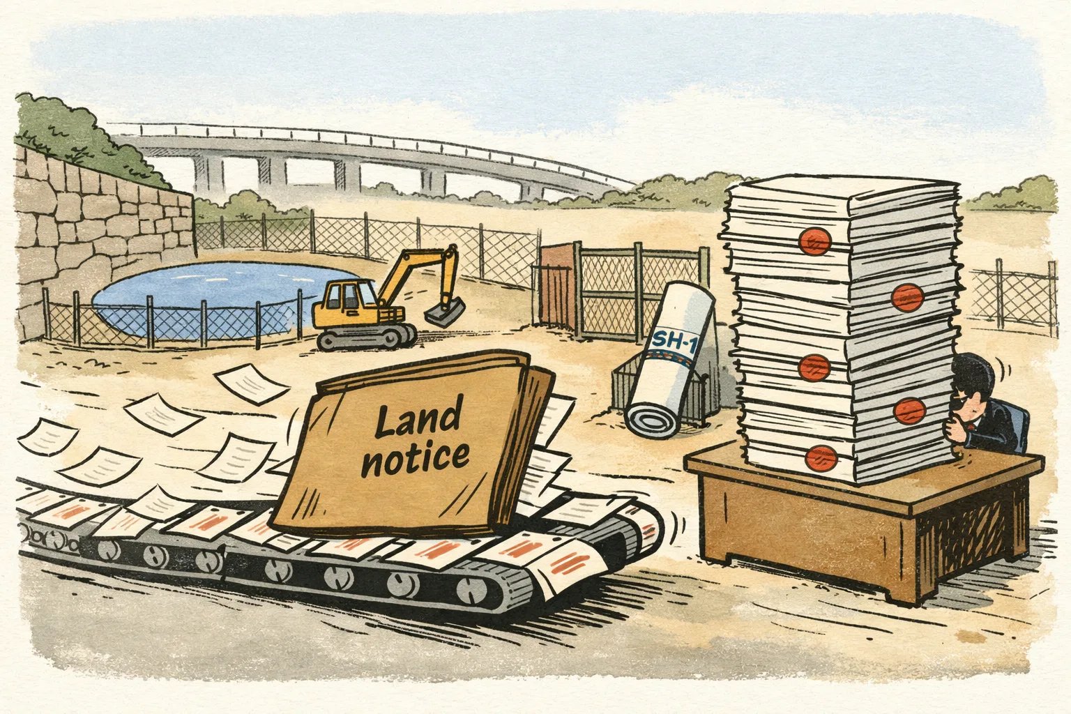 An oversized stamped land-acquisition file moves ahead of an idle excavator and a locked Hyderabad road-project site, with an unopened SH-01 plan and a fenced reservoir outline behind.