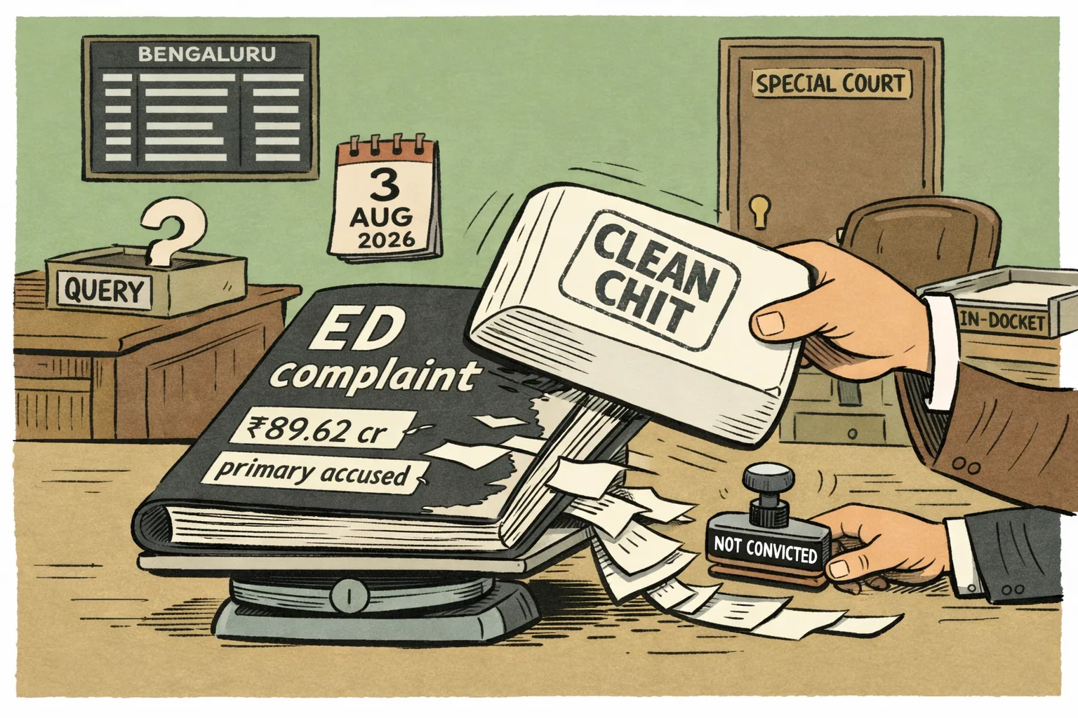 An oversized ED complaint file marked ₹89.62 crore and primary accused lies on a desk as a clean-chit eraser fails to cover it; a cabinet chair and an open court docket are visible behind.