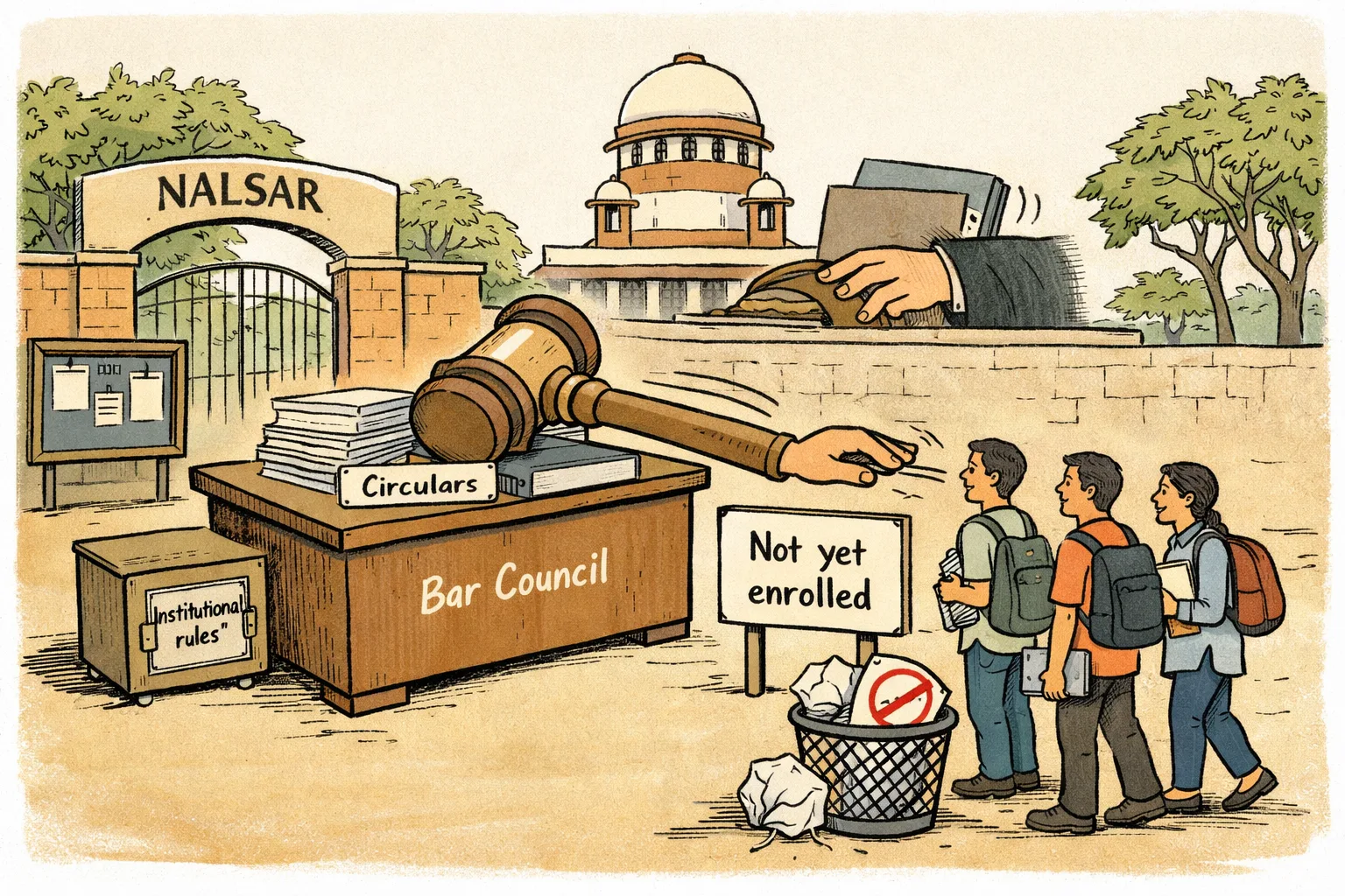 A cartoon outside a Hyderabad law university shows a Bar Council desk reaching with a large disciplinary gavel toward students behind a sign saying they are not yet enrolled, while a Supreme Court building pushes the gavel back.