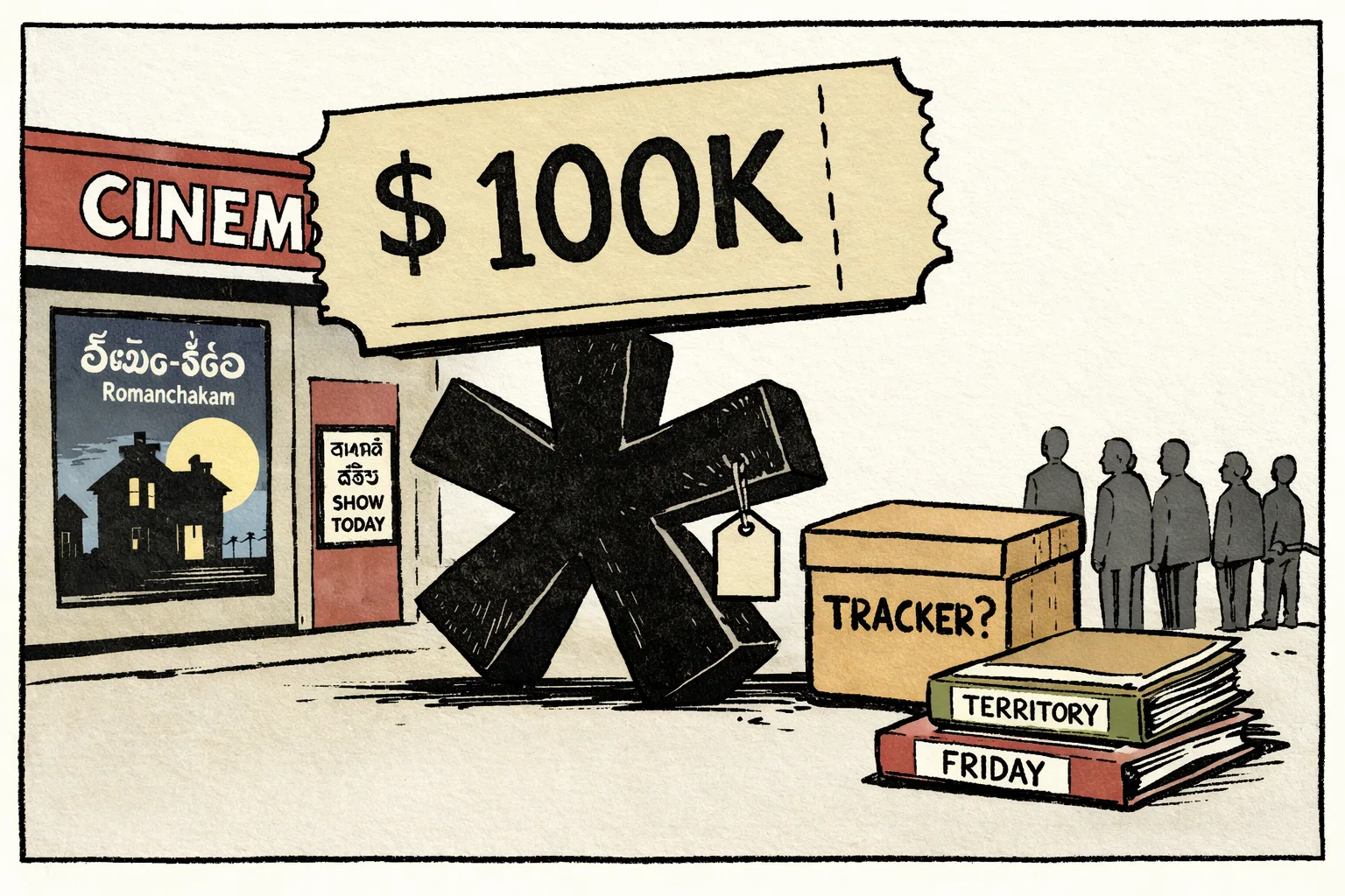 A cinema ticket marked 100K balances on a large asterisk beside sealed boxes labelled tracker, territory and Friday, outside a multiplex showing a Romanchakam poster.
