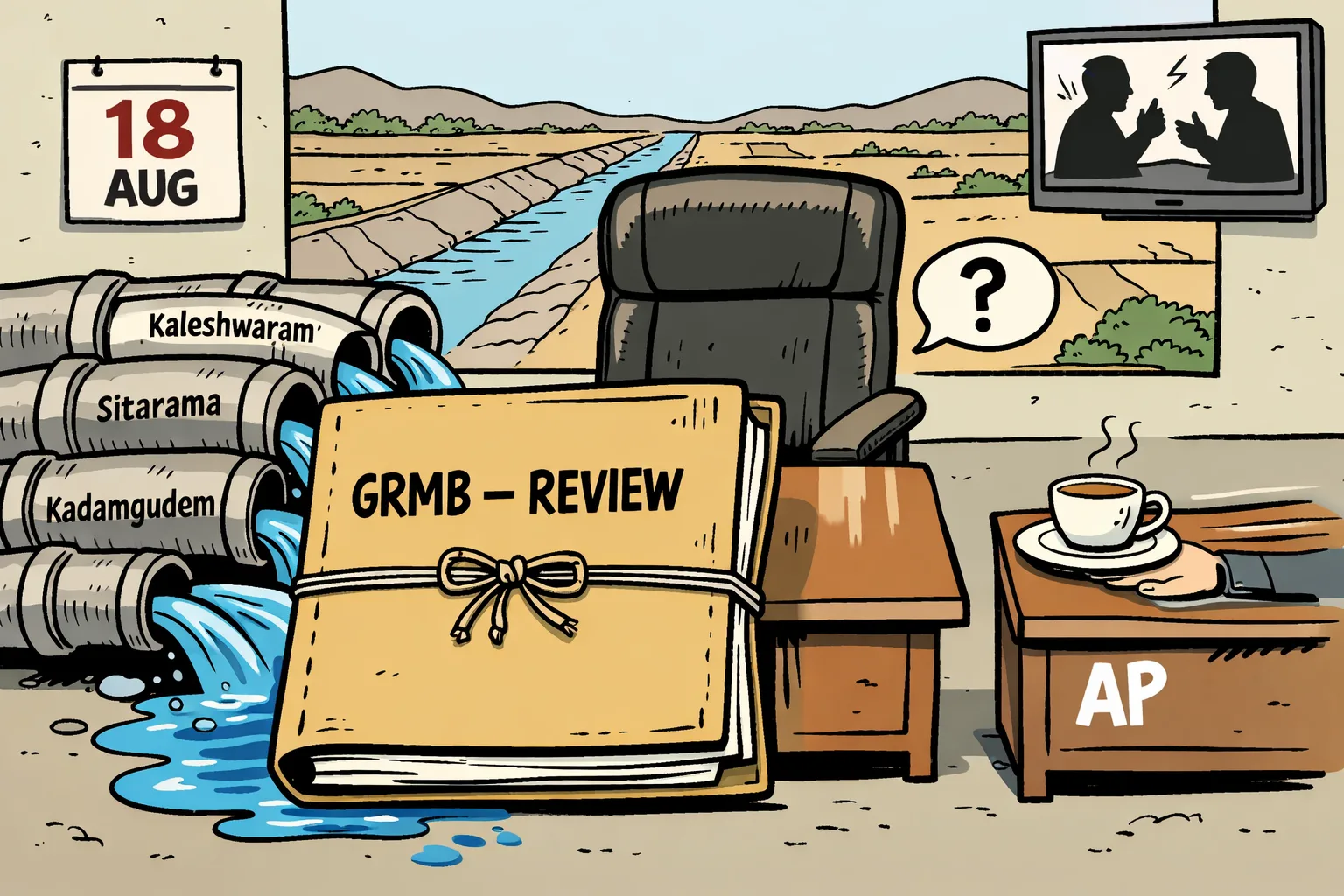 An oversized GRMB agenda file marked for review sits between two Telangana irrigation canals, while a government chair remains empty and a tea tray is pushed toward an Andhra Pradesh desk; a television in the corner shows indistinct debate silhouettes.
