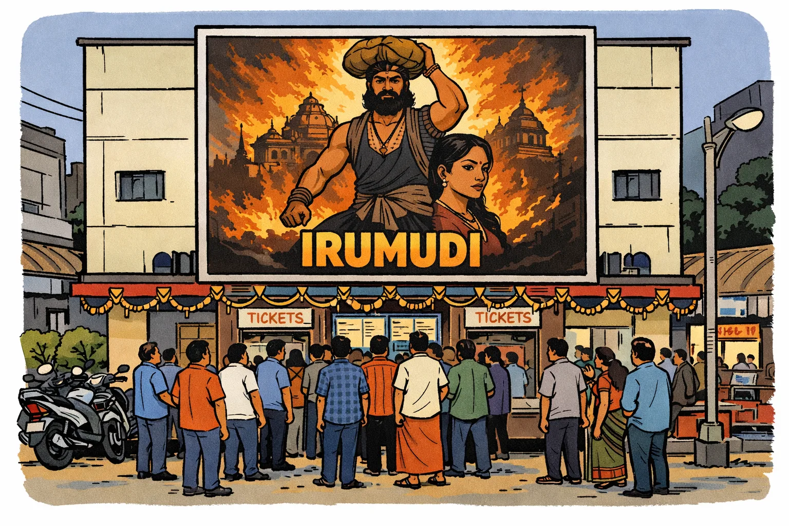A Hyderabad cinema exterior displays an Irumudi poster above its entrance, with ticket boards, parked scooters and a small crowd outside.