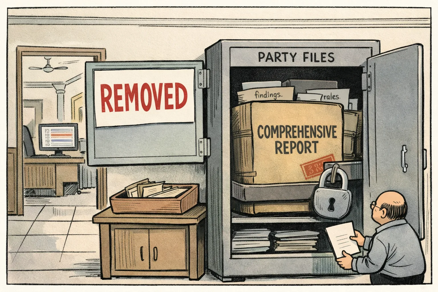 A locked office cupboard contains a large folder labelled “COMPREHENSIVE REPORT”, while a nearby notice board prominently displays “REMOVED” and an outdated ministers’ list remains on a computer screen.