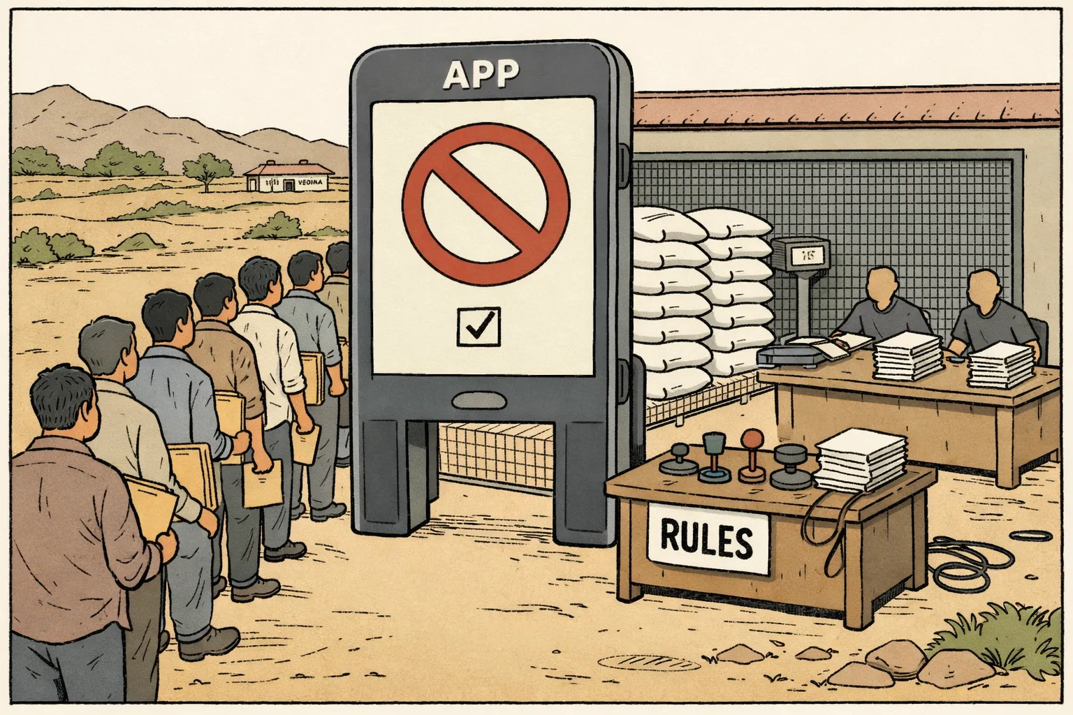 Farmers queue outside a Rythu Vedika while a giant smartphone-shaped gate marked “APP” blocks access to visible urea bags behind it; clerks sort paperwork at a side desk.