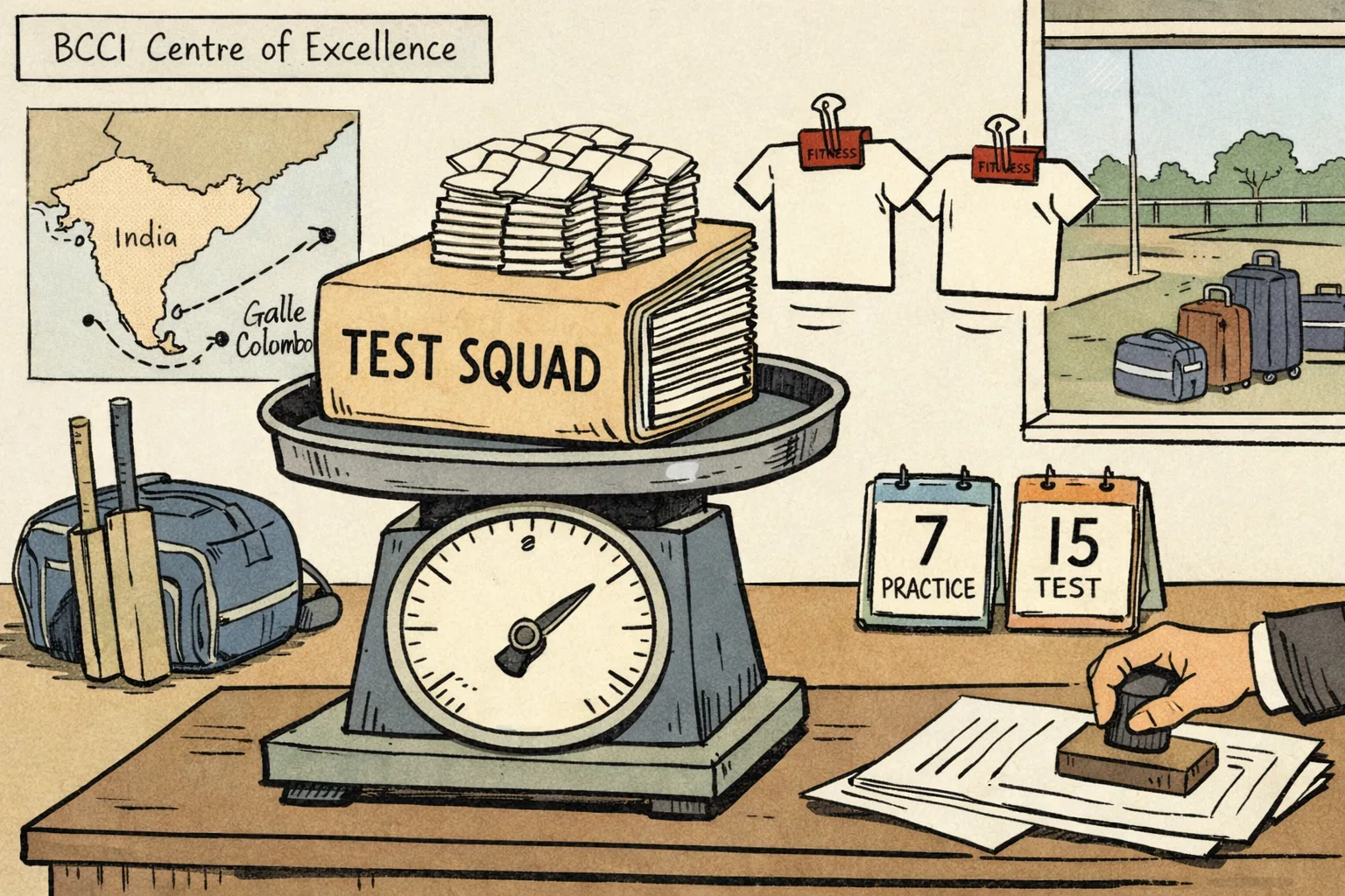 A cricket selection desk shows a large India Test squad file balanced on a fitness-check scale, with two cricket balls marked as pending clearance and an empty place beside a Sri Lanka tour map.