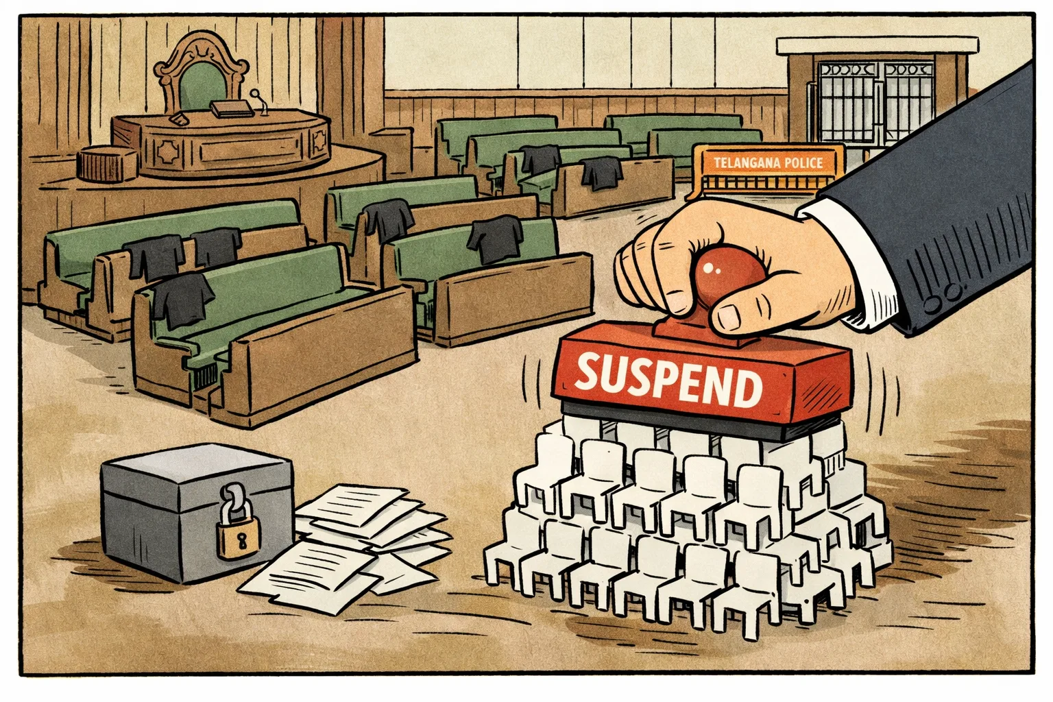 A cartoon Telangana Assembly has 22 empty opposition seats, a giant red suspension stamp, and a locked box marked “GUARANTEES?” beside unanswered papers; a police barricade stands near a closed entrance.