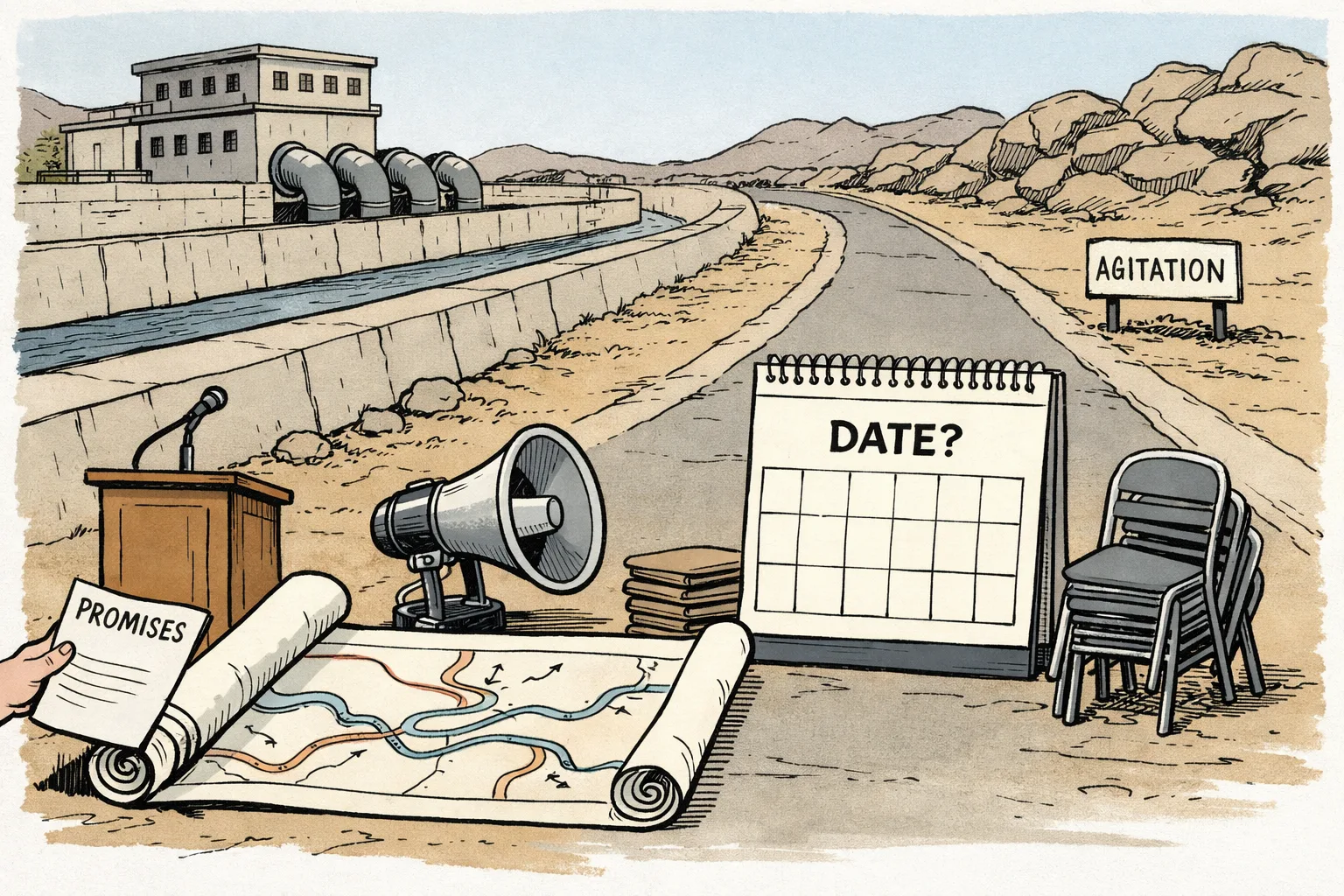 An empty Telangana irrigation-project landscape with a dry canal, idle pump machinery, unused chairs, a loudspeaker, and a large blank campaign calendar marked “DATE?” beside a route map.