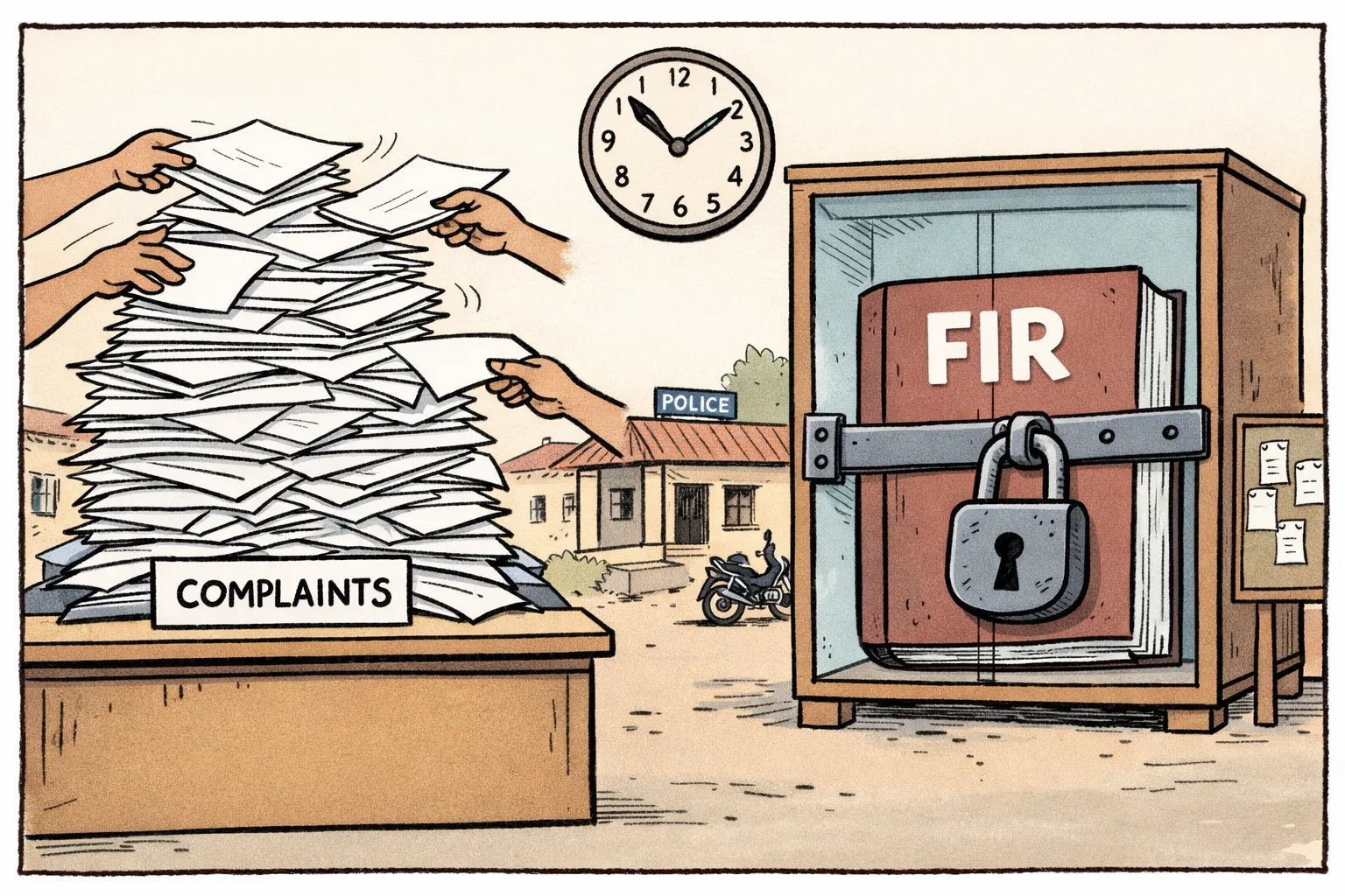 A Telangana police-station desk is buried under complaint papers while a blank FIR register sits locked inside a glass cabinet.