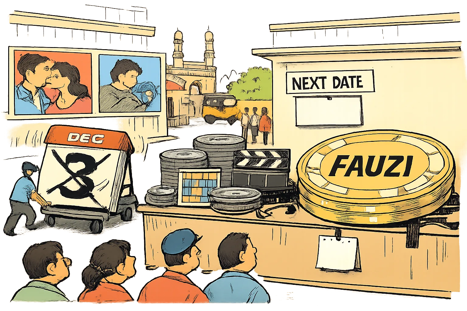 An oversized December 3 calendar page is wheeled away beside a giant film reel labelled Fauzi, while an empty calendar page hangs above a post-production counter.